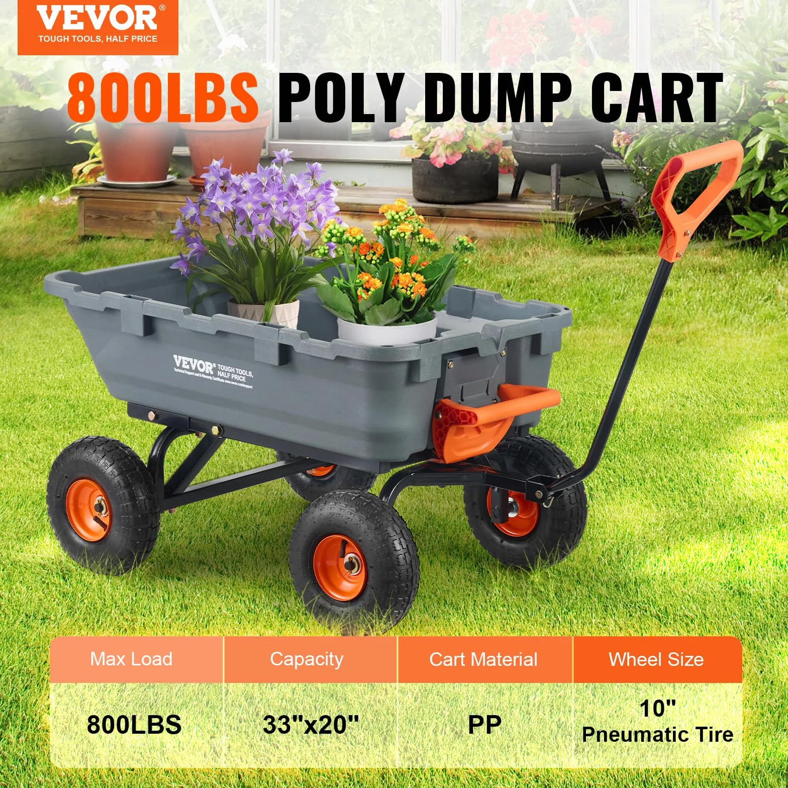 VEVOR Wózek ogrodowy 362.9 kg Poly Dump, wytrzymały wózek wywrotkowy, 4-kołowa taczka z oponami 25 cm, uchwyt obrotowy 180°, stalowa rama i system szybkiego zwalniania