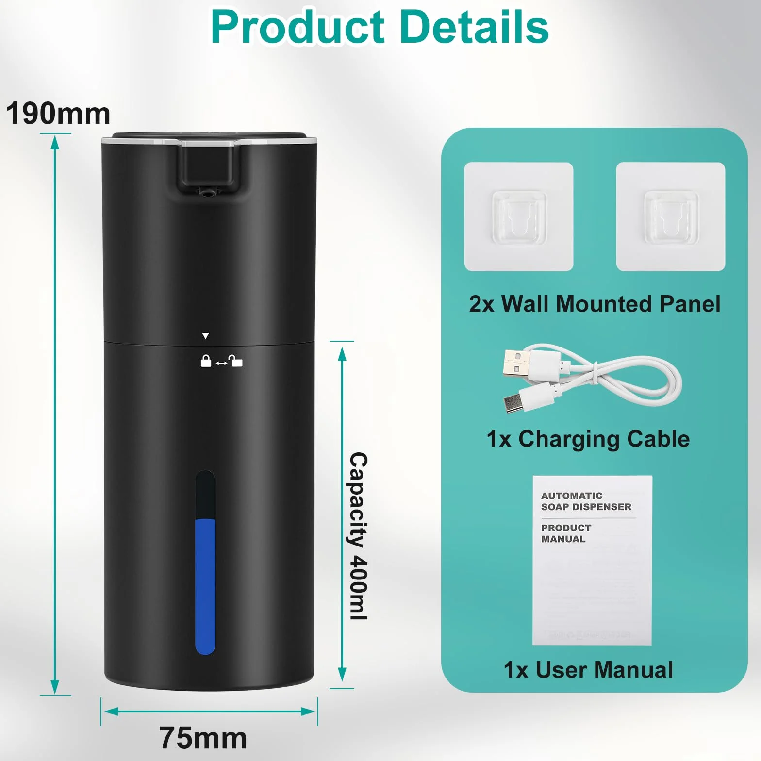 Automatyczny bezdotykowy dozownik mydła, 400 ml, ścienny dozownik mydła z 4 regulowanymi poziomami, akumulatorowy dozownik do zupy pieniącej 1800 mAh, do łazienki i kuchni