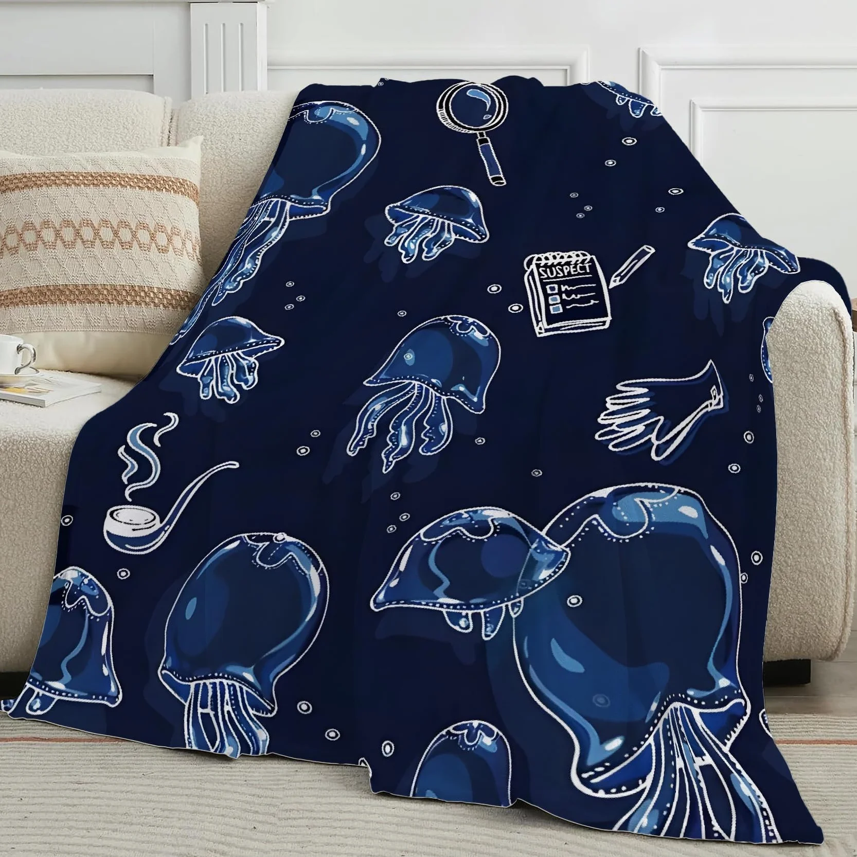 Qualle Przytulny koc, w stylu detektywistycznym, koc polarowy z mikrofibry, przytulny, nadaje się do salonu i sypialni, dekoracja domu, 220 x 240 cm