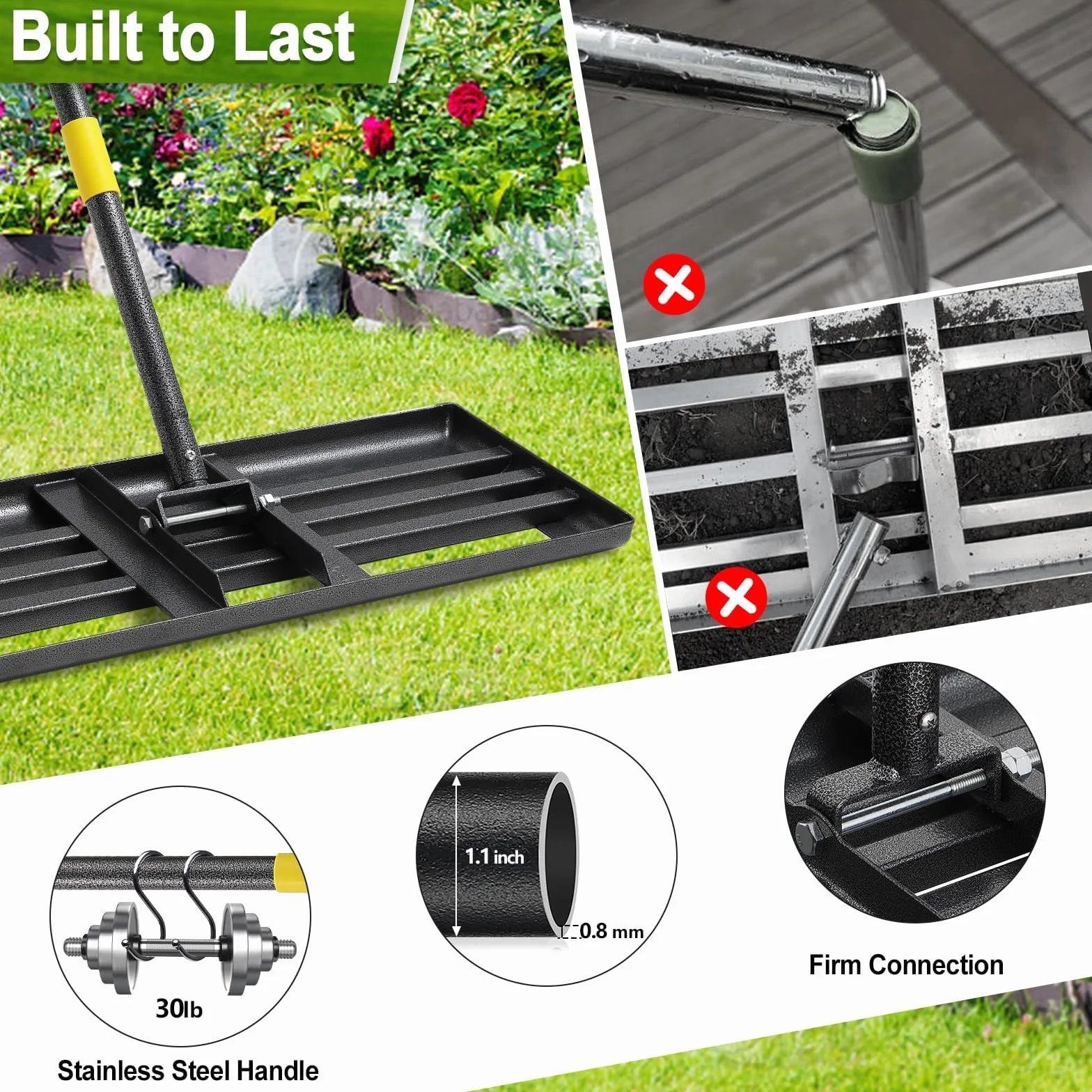Rakla Lawn Leveling Rake z długim uchwytem – 182 cm, do golfa trawy, survivalowa, górny dressing, ze stali nierdzewnej, do ogrodu, na podwórko, trawnik (76 x 25 cm)