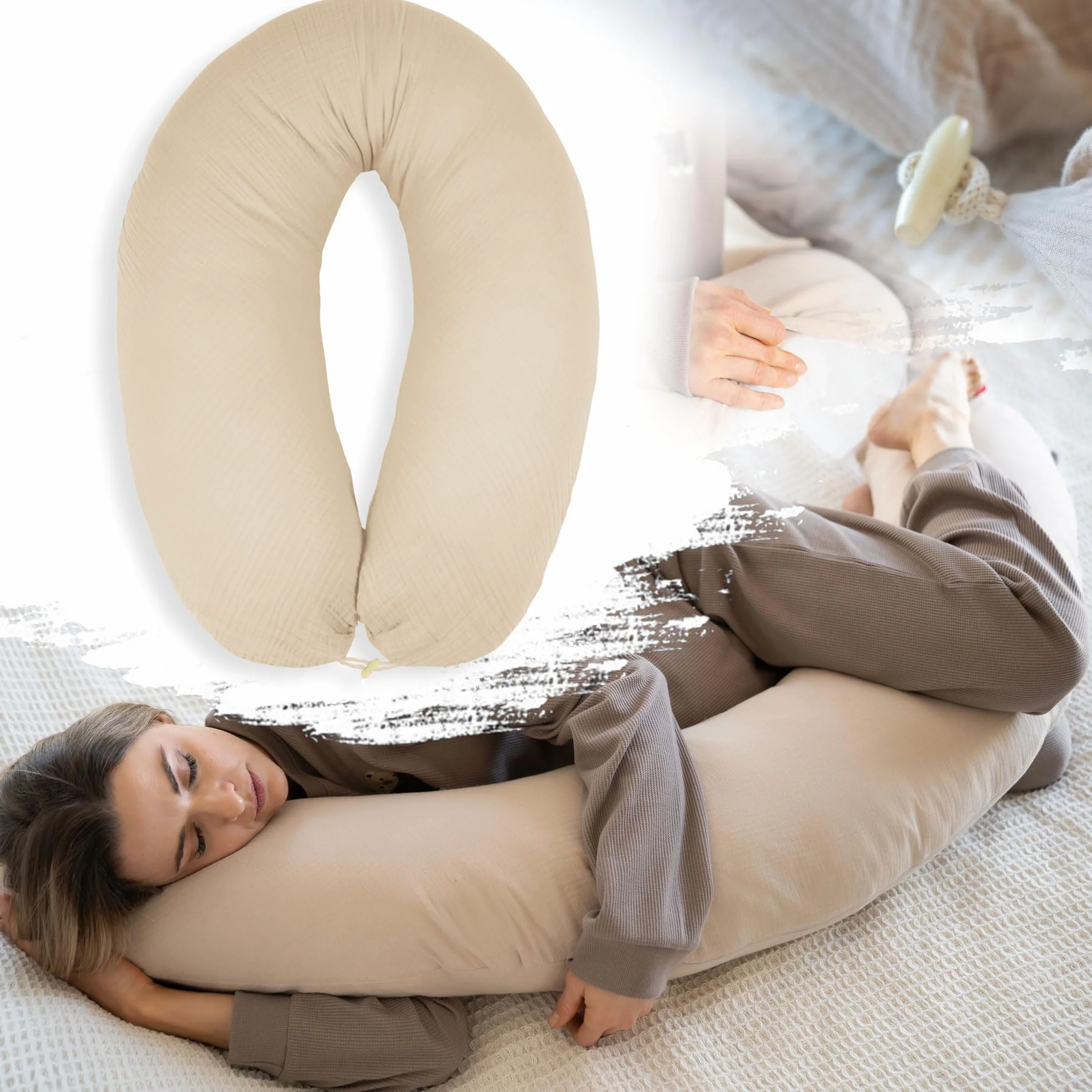PaLulli® Ergonomiczna poduszka do karmienia XXL 190 x 30 cm, z poszewką z bawełny bio-muślinowej – idealna poduszka dla kobiet w ciąży i do spania na boku, komfort i wsparcie dla dorosłych i matek