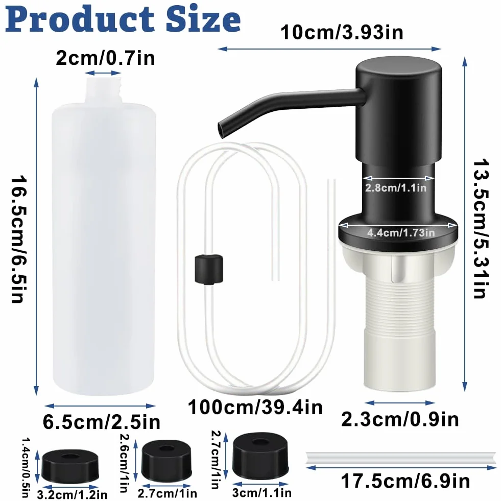 Dozownik mydła do zabudowy kuchennej, dozownik płynu do mycia naczyń, do zlewozmywaka ze stali nierdzewnej, obracana o 360° 300 ml, butelka 330 ml, wąż przedłużający 1 m (czarny)