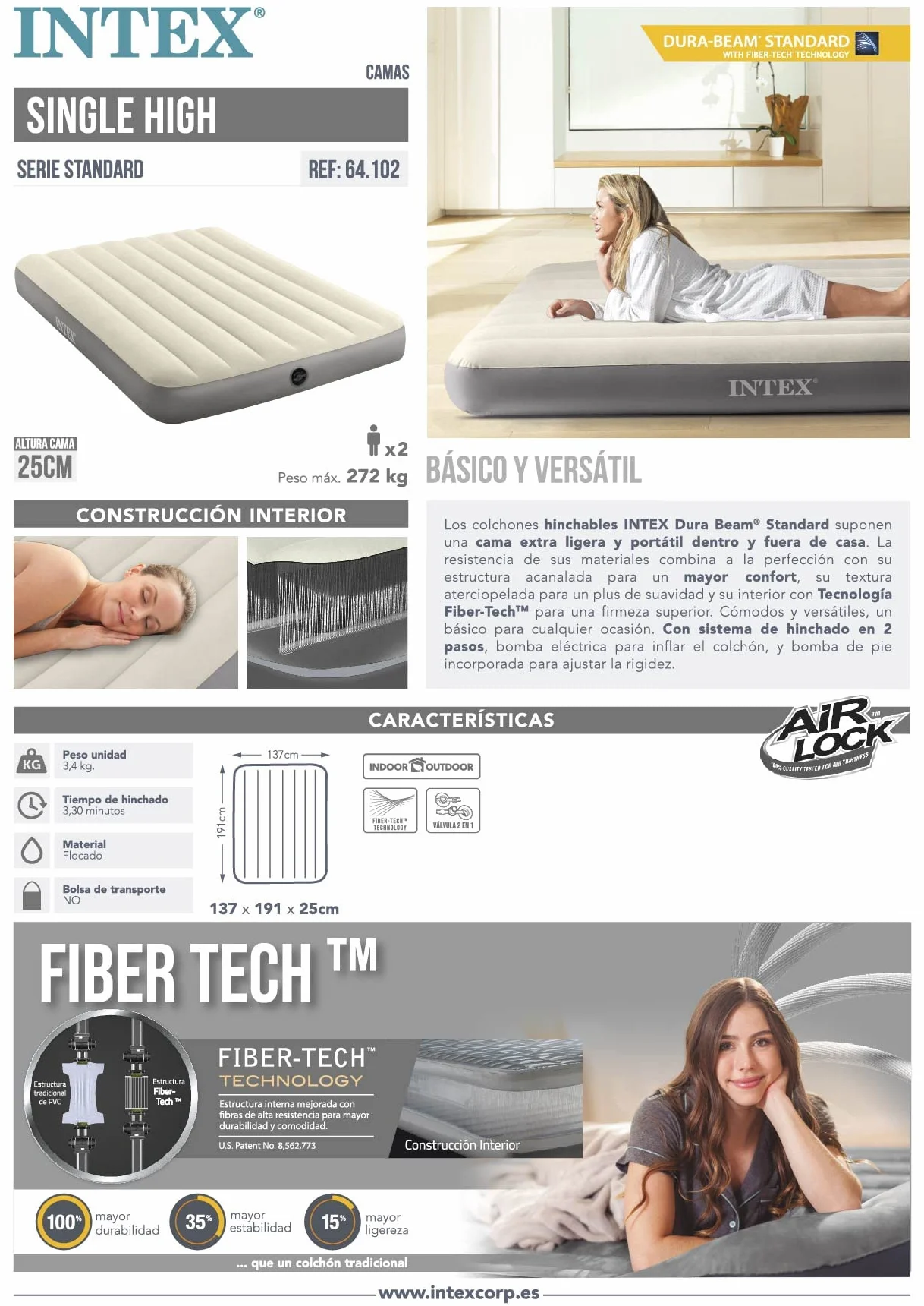 Intex Dura-Beam Materac Nadmuchiwany, Winyl, Szary, 191 x 137 x 25 cm