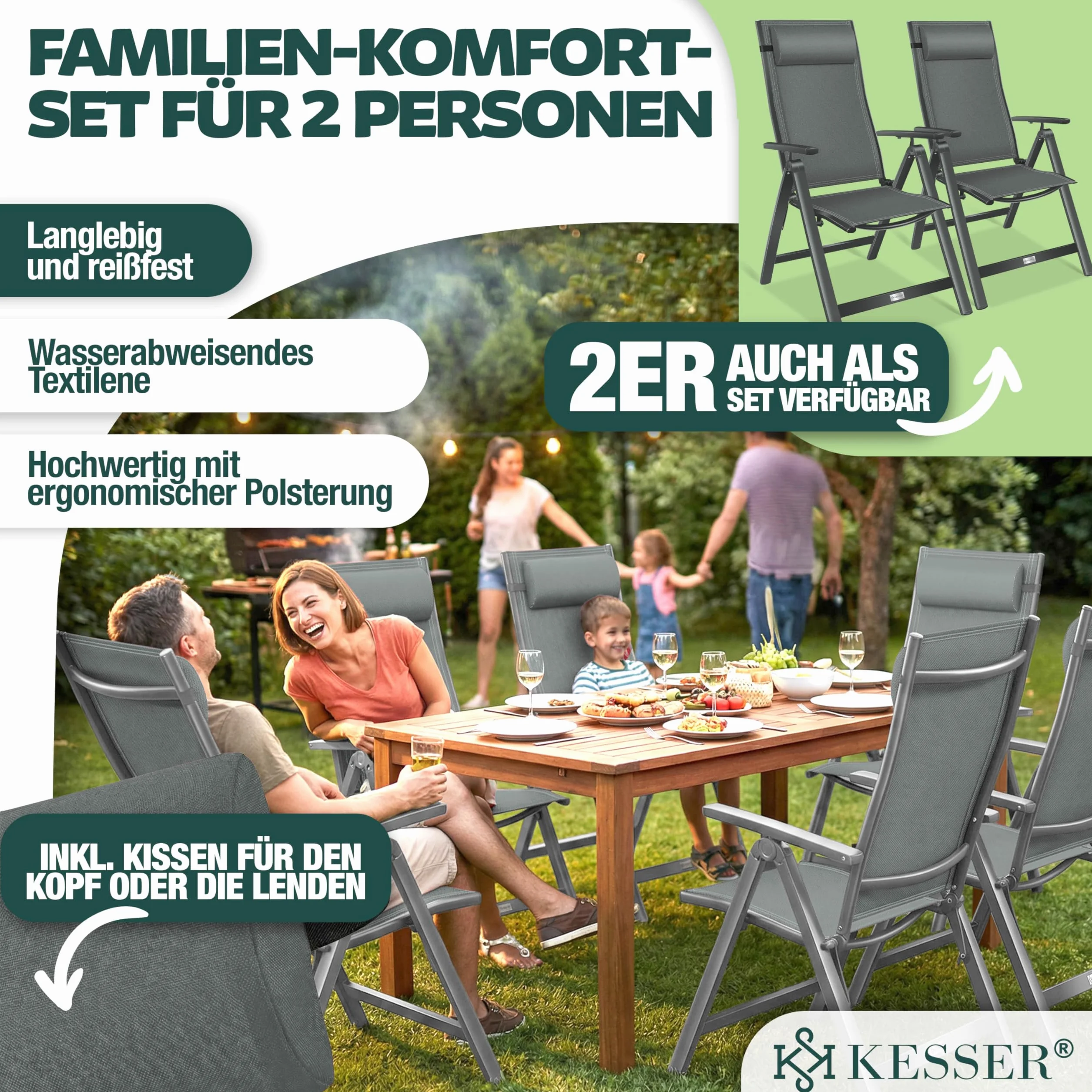 KESSER Krzesło ogrodowe z wysokim oparciem z podłokietnikami, zestaw 2 szt., aluminiowe krzesło składane z poduszką i pokrywą, krzesło kempingowe, 7-stopniowa regulacja, oparcie, oddychające, odporne