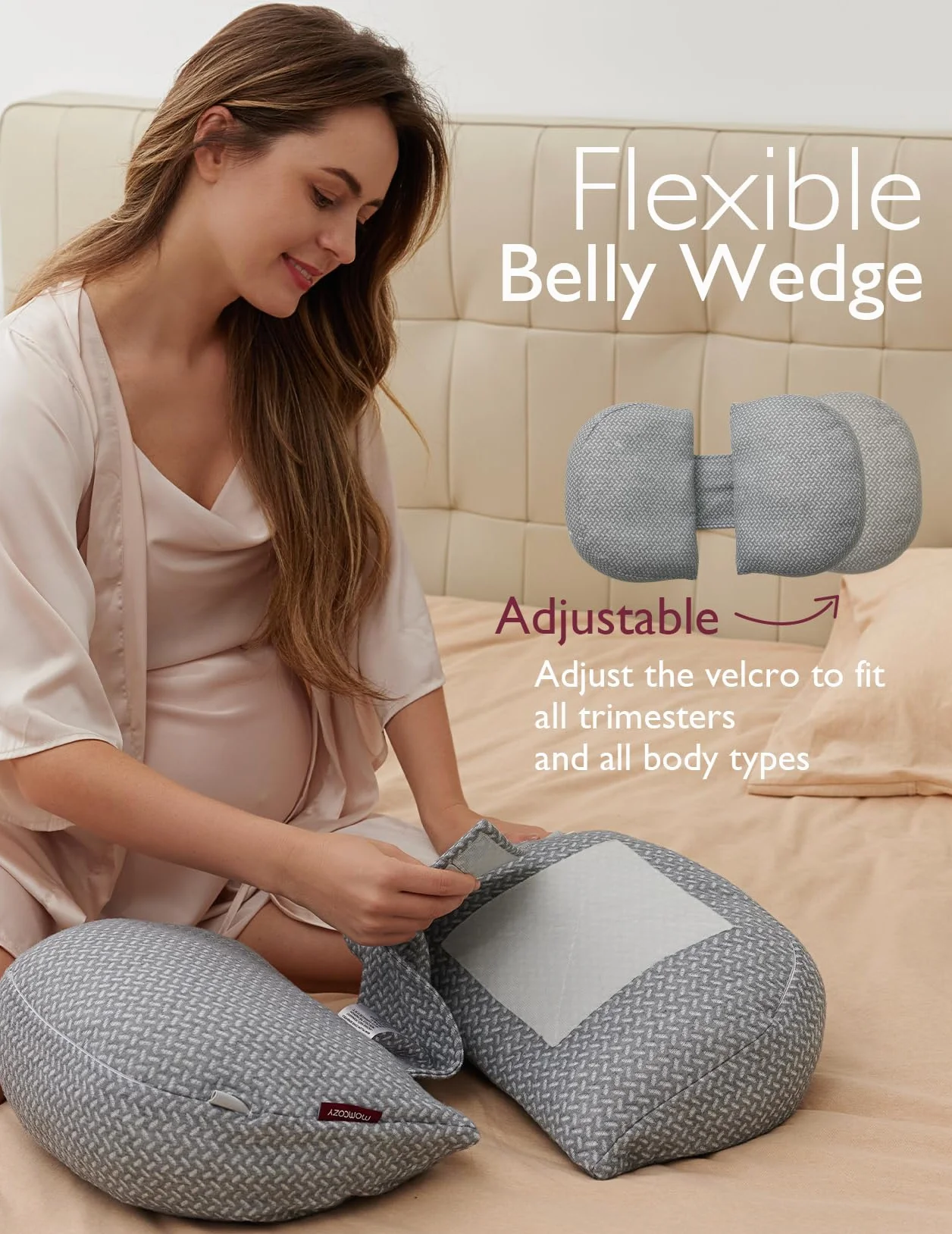 momcozy Poduszka ciążowa w kształcie litery W | Ergonomiczna poduszka do spania na boku dla kobiet w ciąży | regulowana poduszka podróżna z podparciem brzucha, pleców i bioder