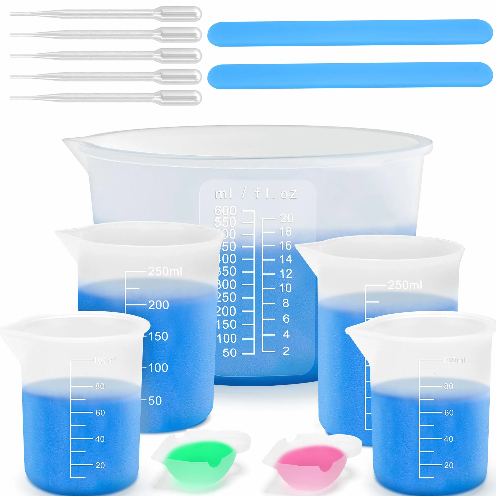 Silikonowe Kubki Pomiarowe, 14 sztuk Silikonowe Kubki na żywicę Epoksydową 600ml/ 250ml/ 100ml do żywica Epoksydowa, Formy Odlewnicze, Woskowanie, Kuchnia