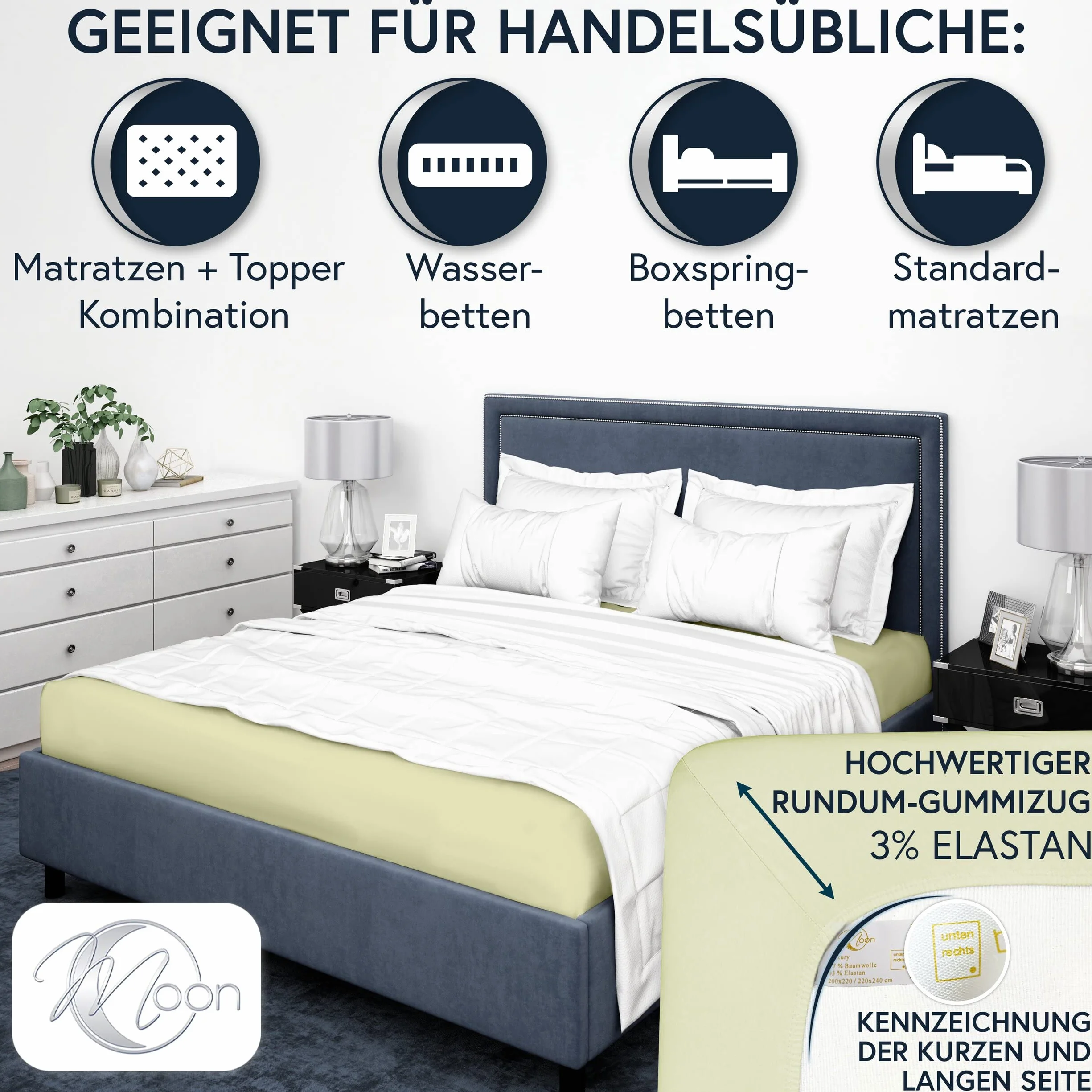 MOON - Luksusowe prześcieradło z gumką Jersey Stretch 230 g/m² do łóżek wodnych, łóżek kontynentalnych i tradycyjnych materacy (Pistazie, 200 x 220 – 220 x 240)