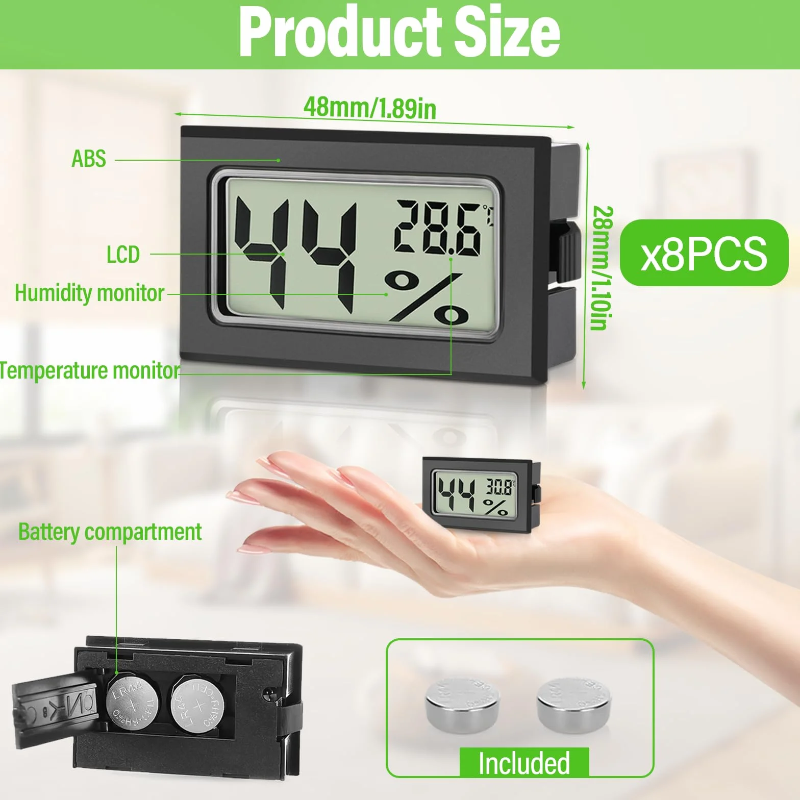 Sprifityy 8 sztuk Mini Hygrometr Cyfrowy, Mini Hygrometr z Celsjuszem -50°C~+70°C, Mierzyciel Wilgotności Powietrza z Bateriami w Komplecie, Nowoczesna Technika Pomiarowa, Termohigrometr do Wnętrz