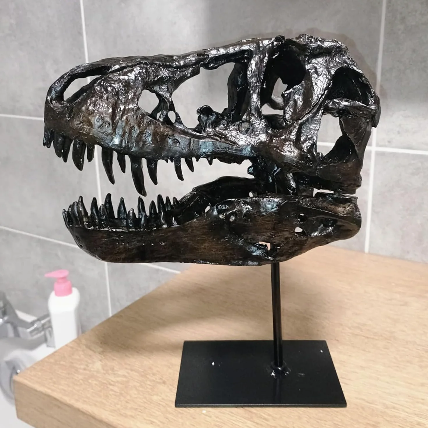 Figurka czaszki dinozaura, uchwyt na rzeźbę dinozaura, tyranozaur, czaszka, replika, dekoracja, czaszka, kość, replika żywicy, z uchwytem, do domu, biura, regału dekoracyjnego