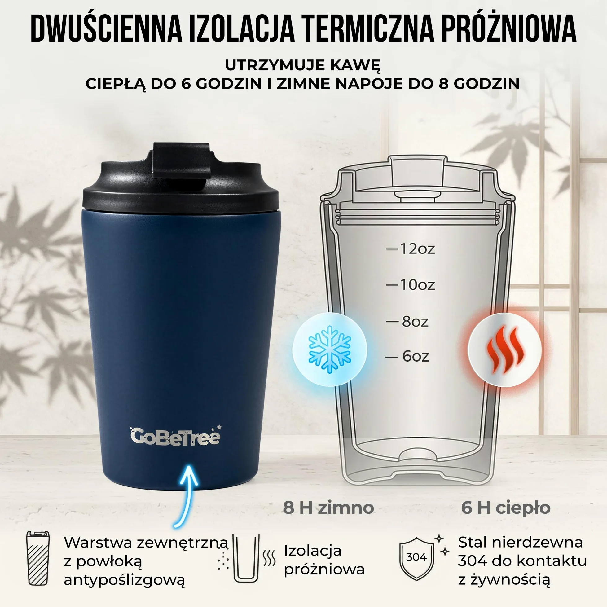 GoBeTree Kubek Termos do Kawy 360 ml (12 oz) Stal Nierdzewna QUARTZ. tumbler z hermetyczną pokrywą 100% szczelną i szerokim otworem do biura, samochodu, podróży, siłowni i kawy na wynos