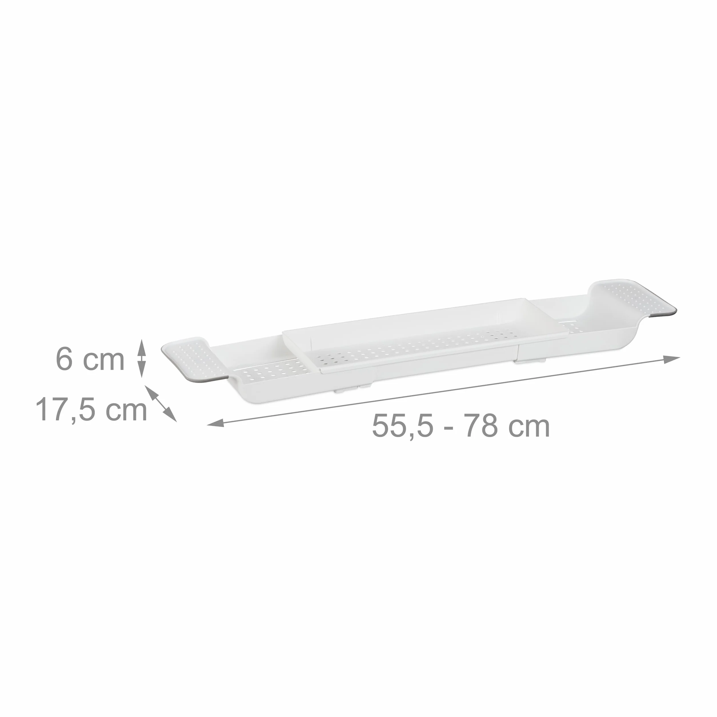 Relaxdays Półka na wannę, wysuwana 55,5-78 cm, tworzywo sztuczne, otwory odpływowe, antypoślizgowa, biała
