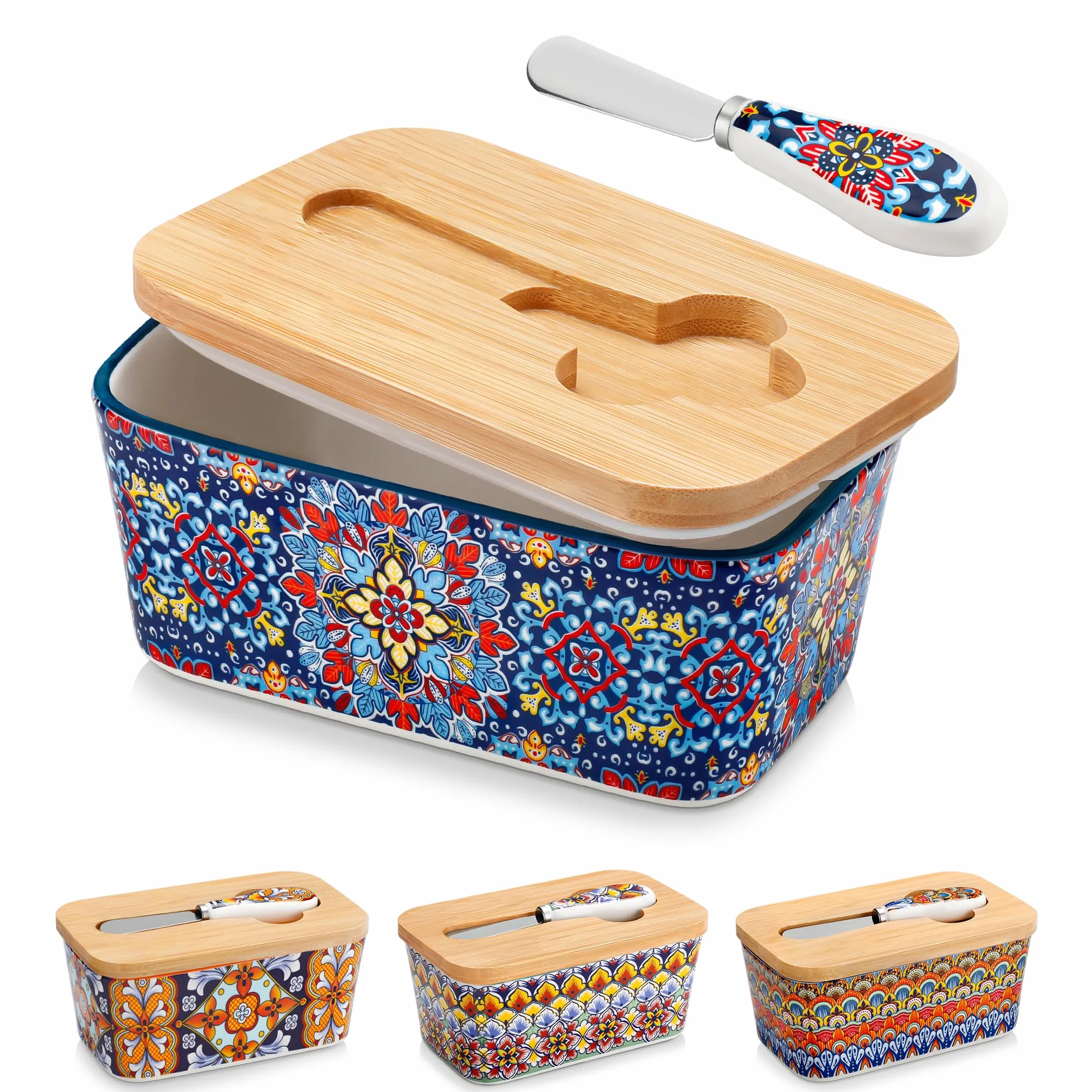 vancasso SIMI Maselniczka z pokrywką, duża maselniczka 16,5 cm, na blat, ceramiczna, z nożem i bambusową pokrywką, pojemnik na masło do blatu