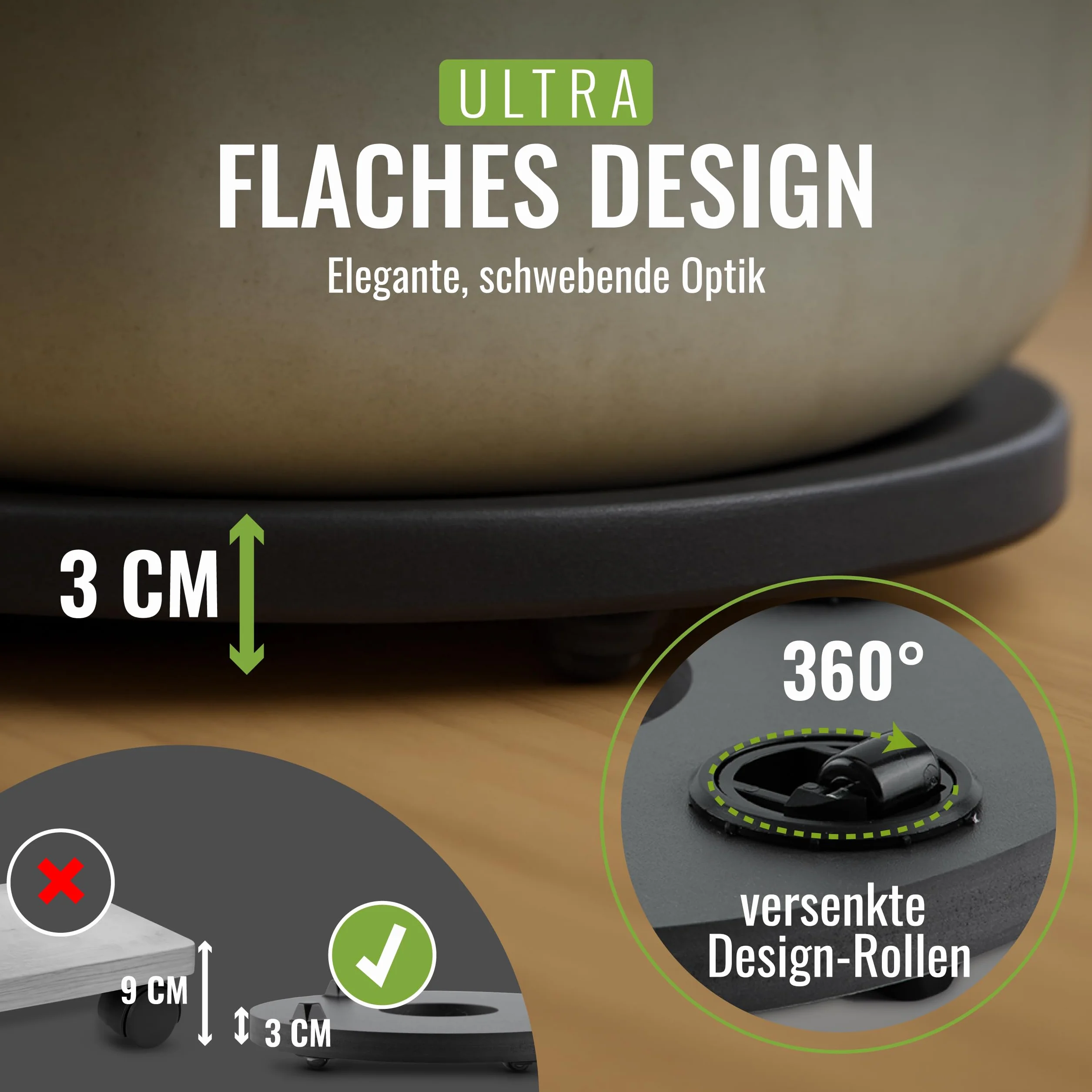 Pflanzwerk Podstawka pod donicę – ultrapłaski, designerski wałek na rośliny, Ø 28 cm, prostokątny i okrągły, do wszystkich doniczek i doniczek na kwiaty, do użytku wewnątrz i na zewnątrz