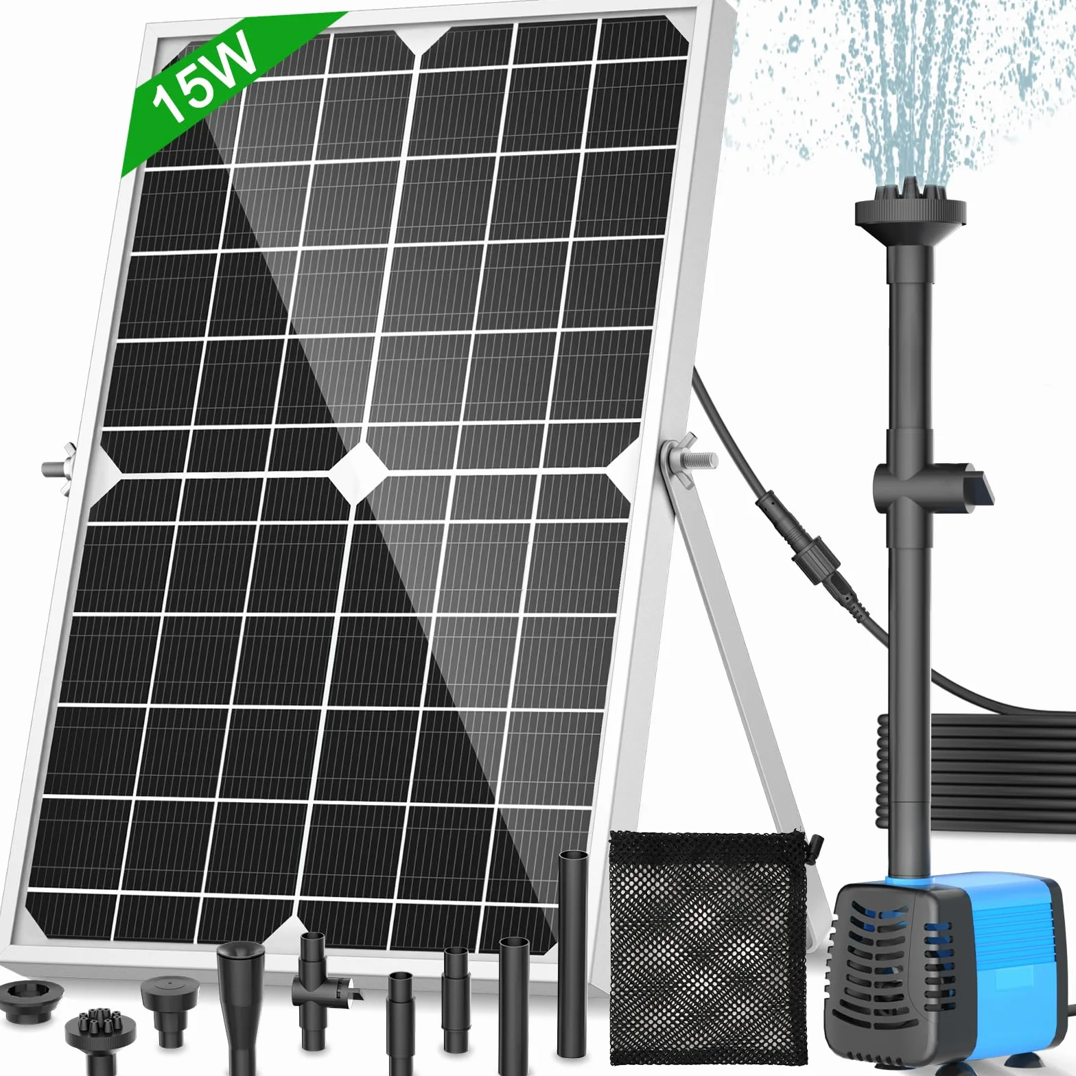 Pompa solarna do oczka wodnego 15 W, 720 l/h | 4 wymienne dysze fontannowe | do oczek wodnych, fontann i stawów ogrodowych.