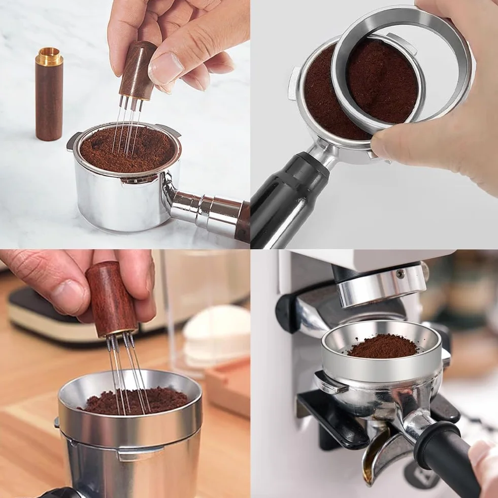 LightBeacon Pierścień dozujący kawy 58 mm, narzędzie do dystrybucji espresso, mieszadło do kawy z 6 cienkimi igłami, igłami do kawy dla baristów i miłośników kawy