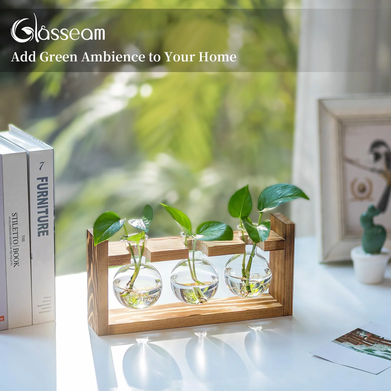 Glasseam Wazon na kwiaty w stylu vintage, małe wazony do dekoracji stołu, nowoczesne, szklane, probówki na kwiaty, ze stojakiem, drewniana stacja propagująca, do salonu, na zewnątrz, chrzest, urodziny | Słoik terrarium, do ziół, cięcia, na biurko, salon,