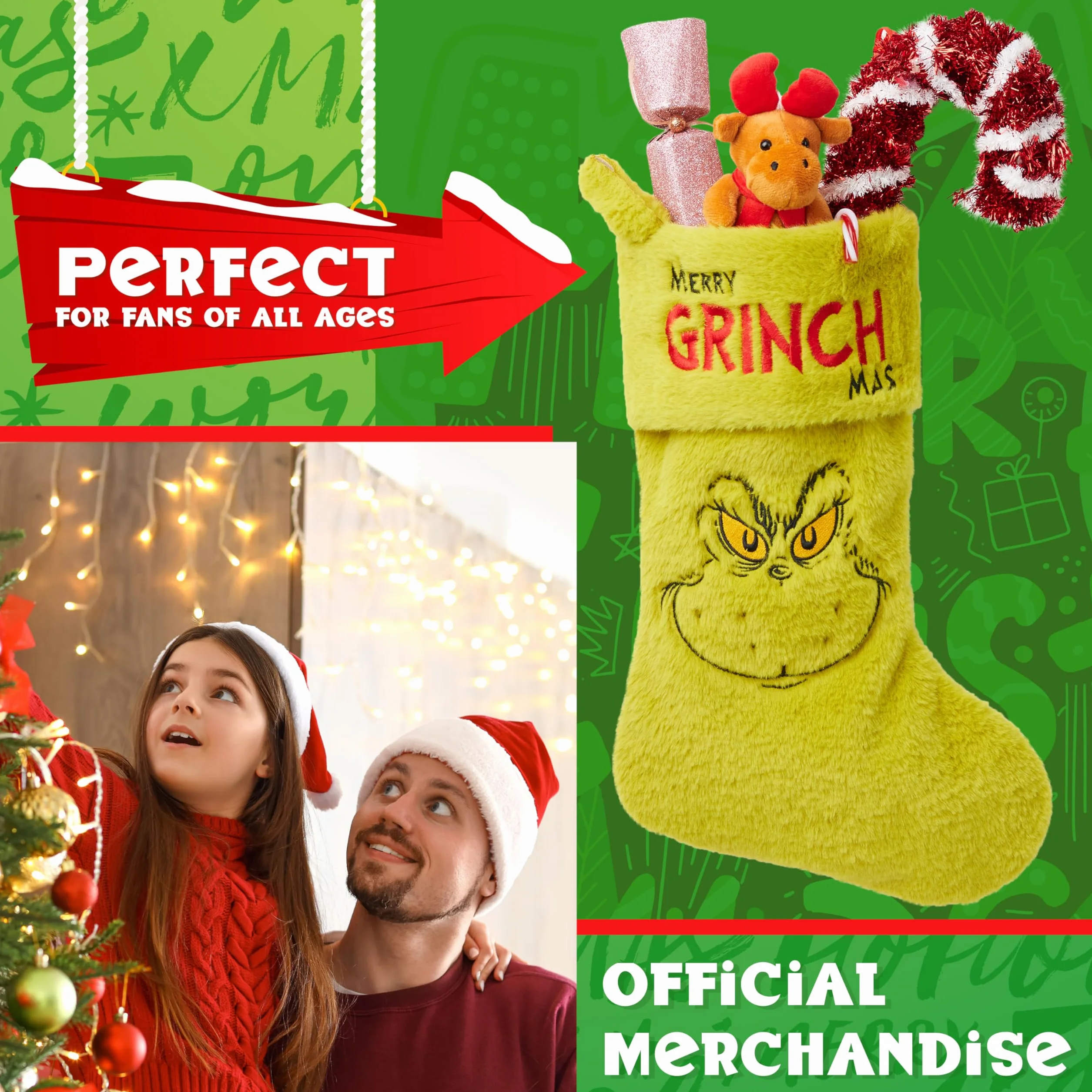 Wypełniacz do skarpet Świąteczny Grinch Wielki 44cm, Świąteczna Wisząca Dekoracja Zielona Skarpeta na Święta Rodzinne Boże Narodzenie Prezenty