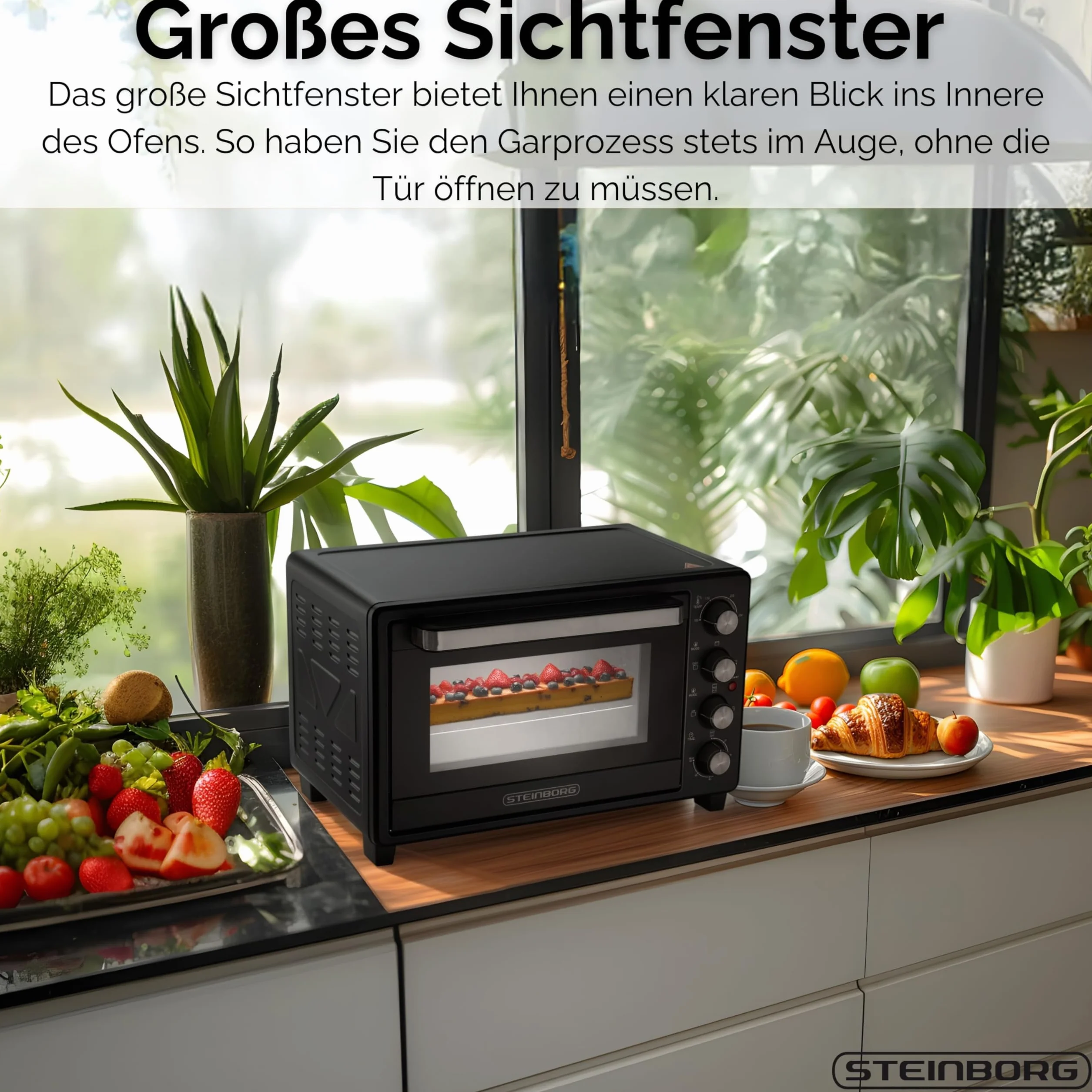 Steinborg Mini piekarnik 35 litrów z termoobiegiem i rożnem obrotowym, blacha na okruchy, grzanie górne i dolne, 1600 W, mini piekarnik z timerem, wolnostojący, bezstopniowa regulacja temperatury do