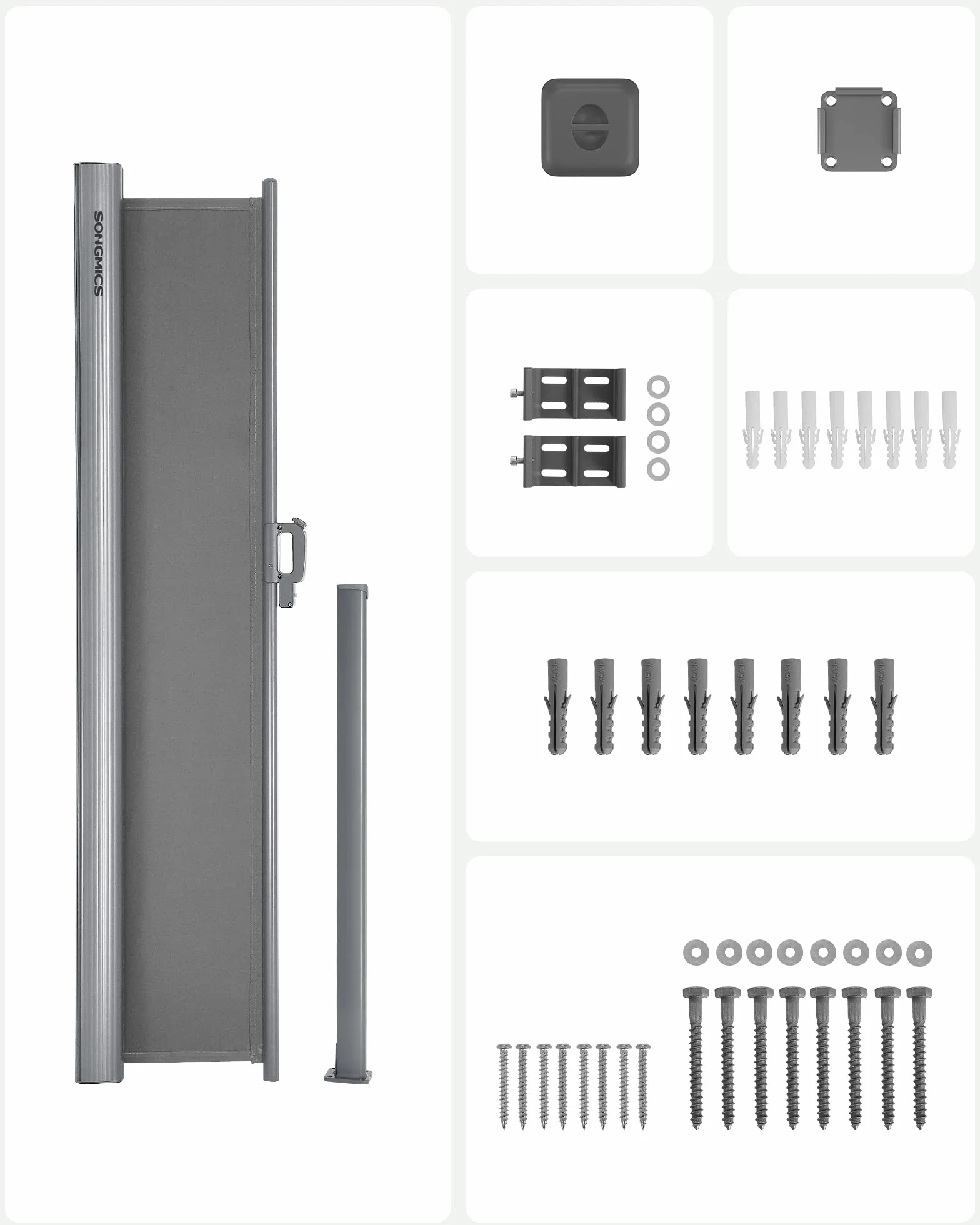 Markiza boczna aluminiowa SONGMICS, rozkładana, 180 x 400 cm, zasłona przeciwsłoneczna, ochrona przeciwsłoneczna, nieprzezroczysta, roleta boczna, na balkon, taras, ogród, szary GSA184G03