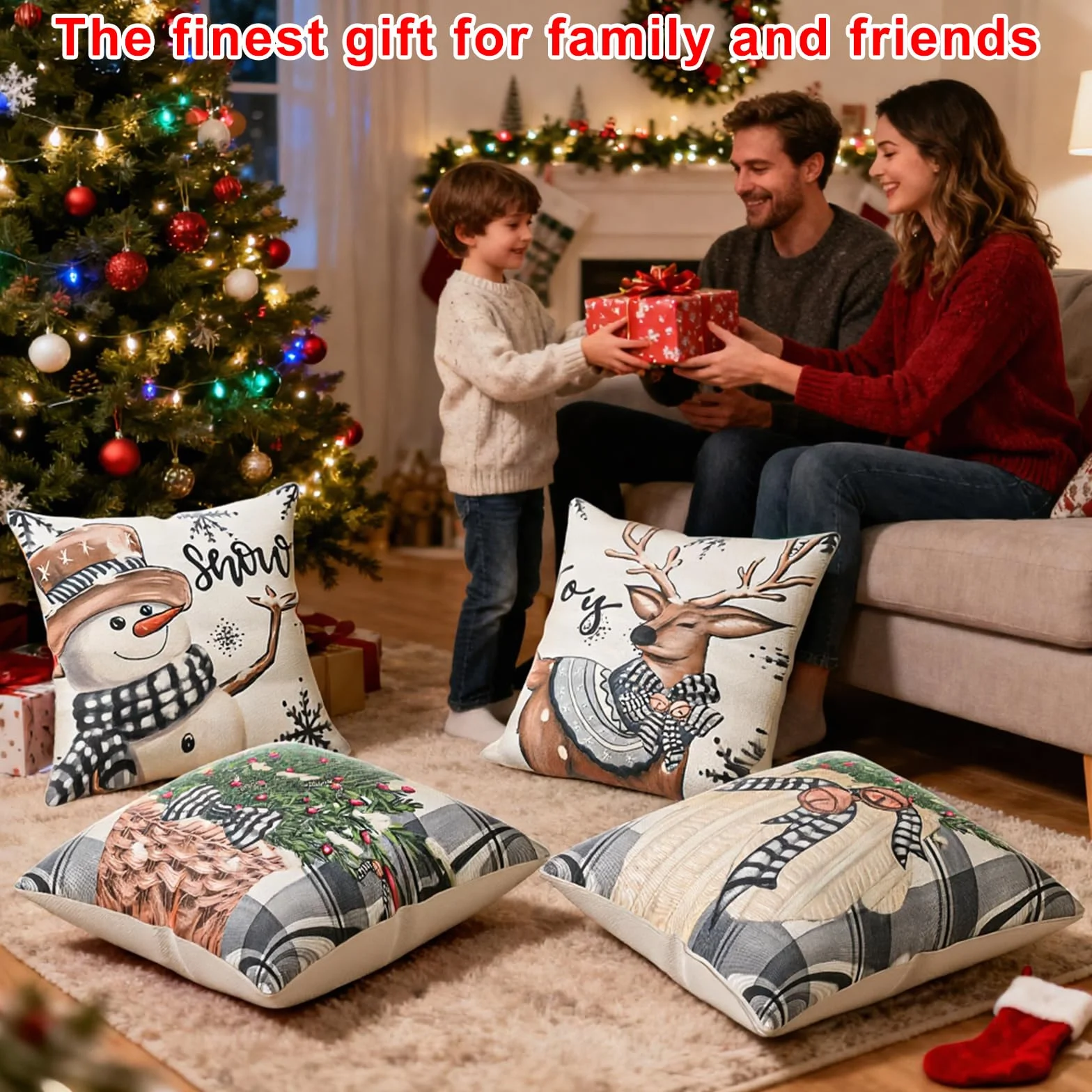 Christmas poszewka na poduszkę 40 x 40, 4 sztuki, lniana poduszka bożonarodzeniowa, dekoracja bożonarodzeniowa, kolor biały i szary, dekoracja renifera, do salonu, na kanapę, dekoracja