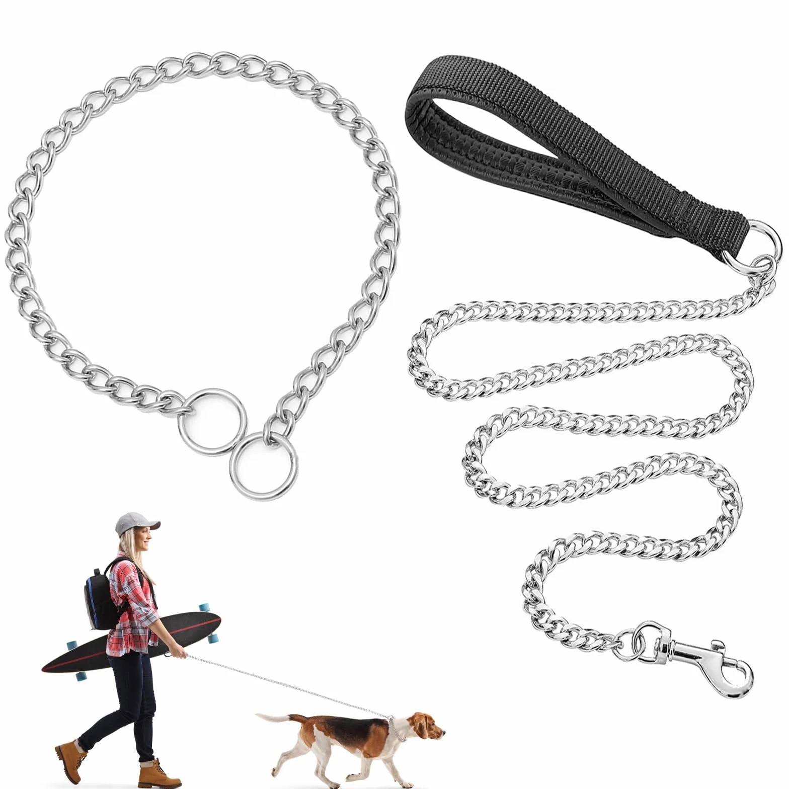 Obroża treningowa dla psa 65 cm, metalowa smycz 120 cm, obroża antyciągowa dla psa używana do szkolenia i spacerów z psami, odpowiednia dla średnich i dużych psów