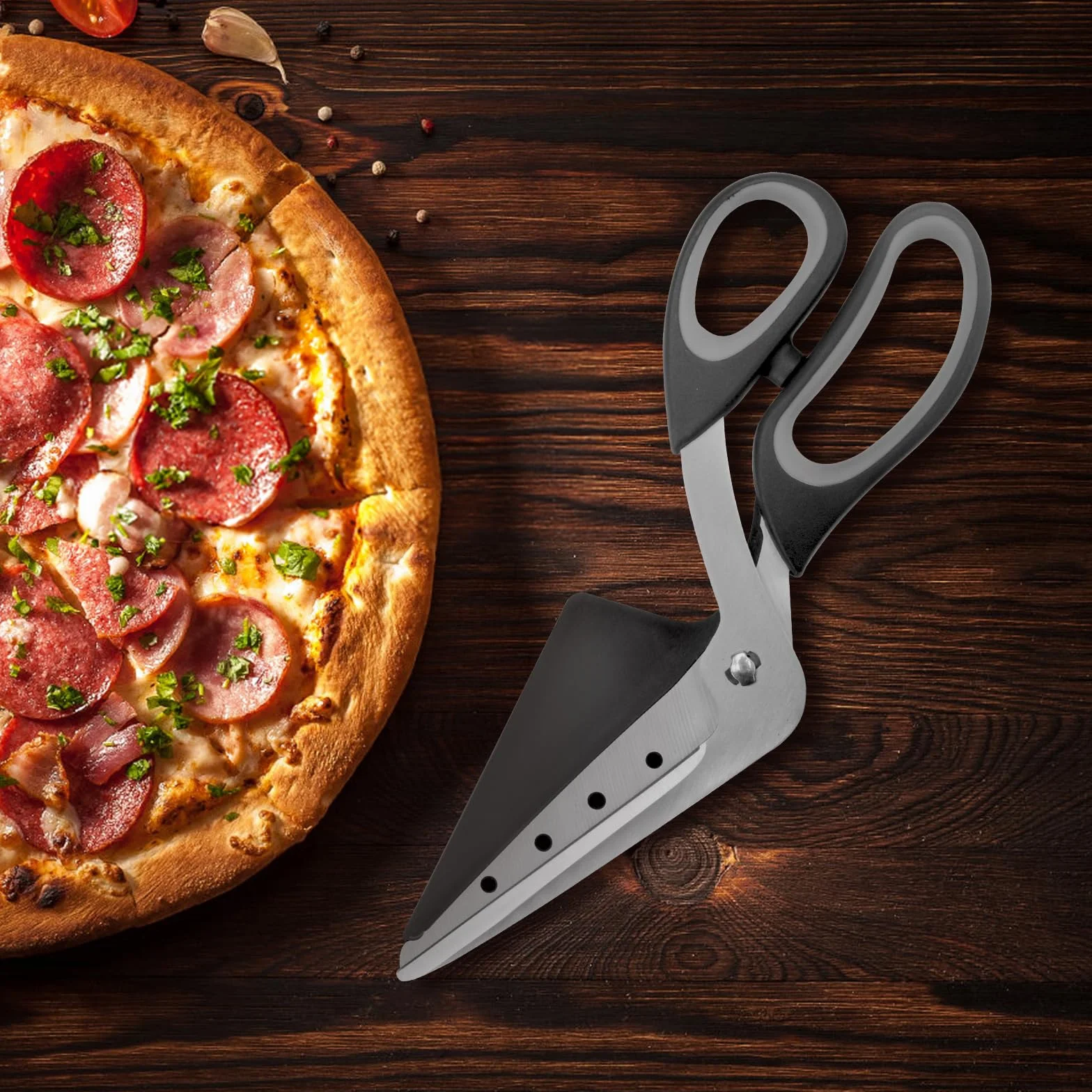 DAWRIS Nożyczki do pizzy, nożyce z łopatką, ostre z stali nierdzewnej, miękki uchwyt, wielofunkcyjne kuchenne, do mycia w zmywarce, 27 cm