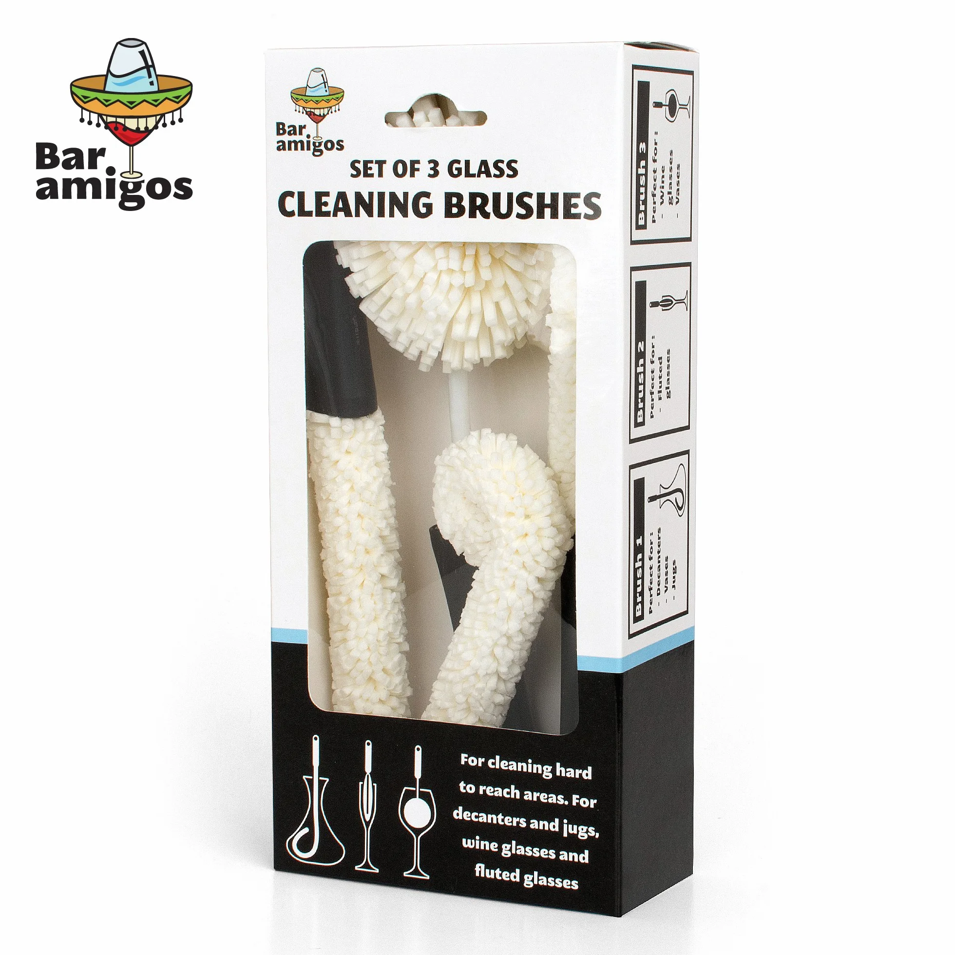 Bar Amigos® Zestaw 3 – karafka i szklanki, szczotka do czyszczenia szkła, elastyczna szczotka do czyszczenia kieliszków do wina i piwa, szklanek