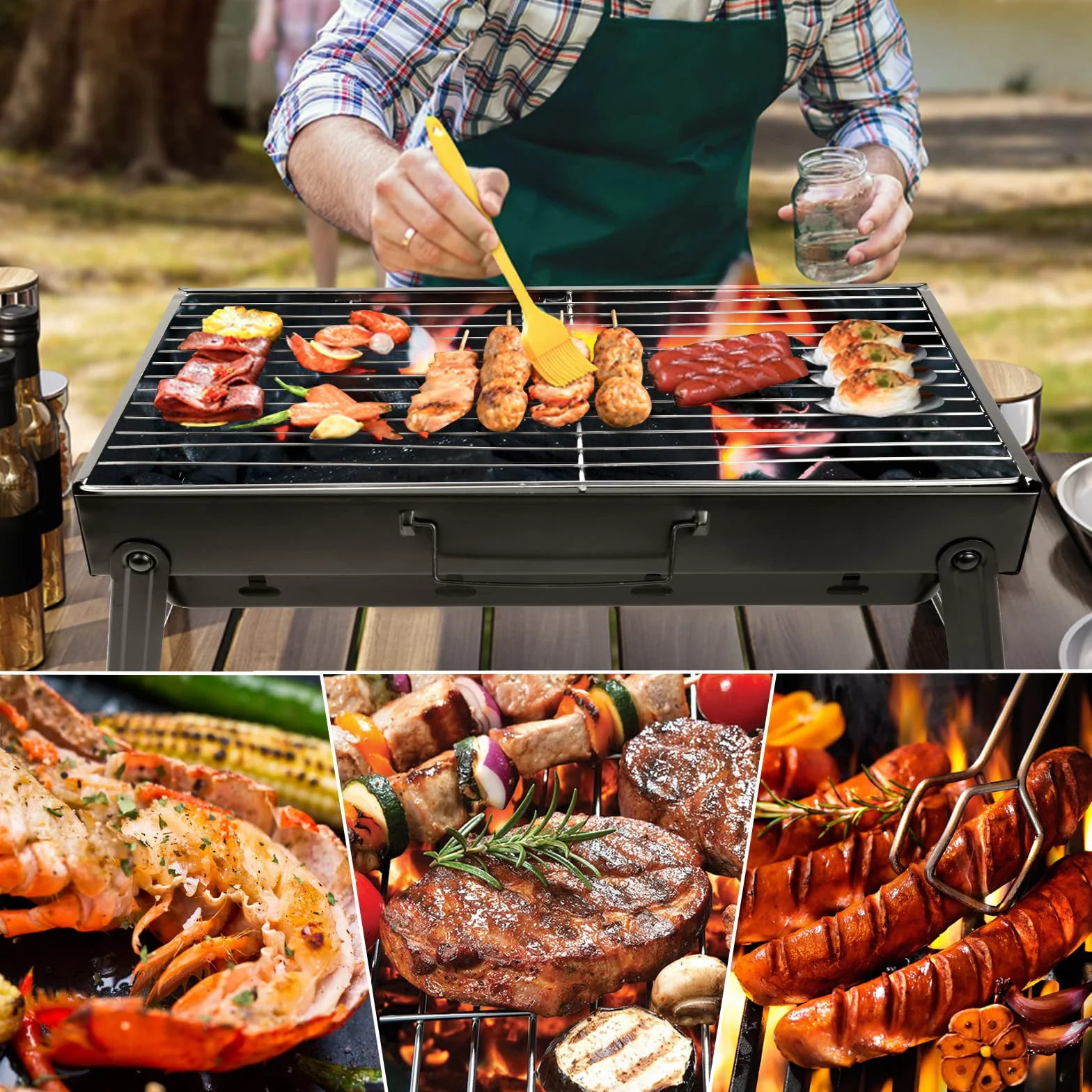AGM Przenośny grill na węgiel drzewny dla 5-7 osób, średni składany grill na węgiel drzewny, przenośny, na piknik, podróż, taras lub kemping w ogrodzie (52 x 29 x 22 cm)