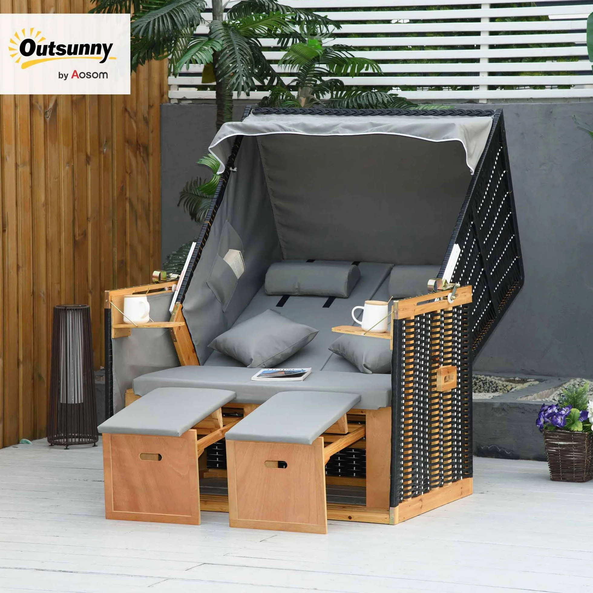 Outsunny kosz plażowy z podnóżkiem i stołem składanym pełna pozycja leżąca leżak ogrodowy z uchwytami na napoje rattan PE kolor jasnoszary 118 x 79 x 150 cm
