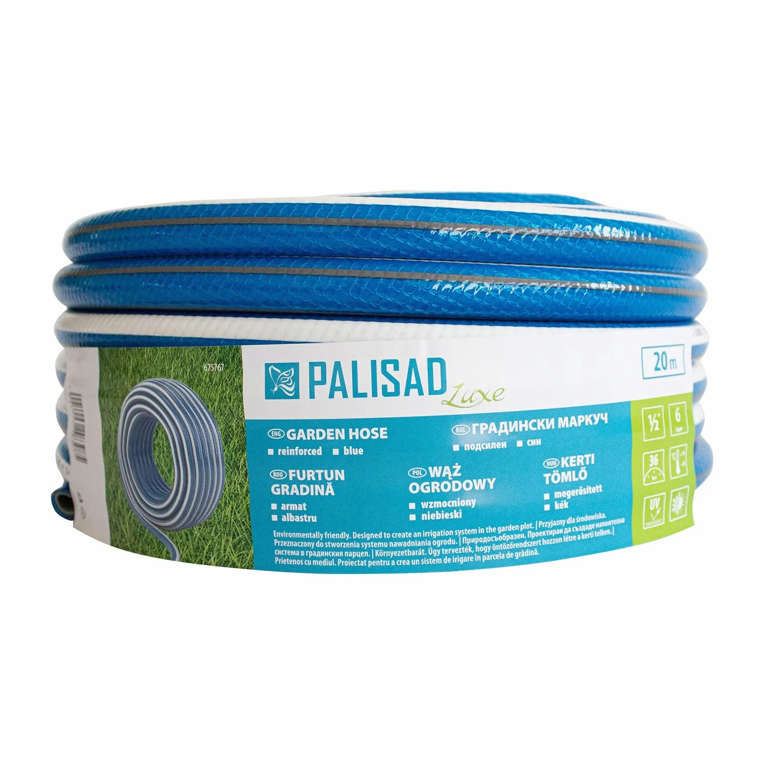 PALISAD LUXE Wąż Ogrodowy 20 M, 1/2" (12,5 Mm), 6-Warstwowy, Niebieski – Bez Ftalatów, Do Wody Pitnej, 12 Bar, Wzmocnienie Tekstylne, Odporny Na Mróz I UV