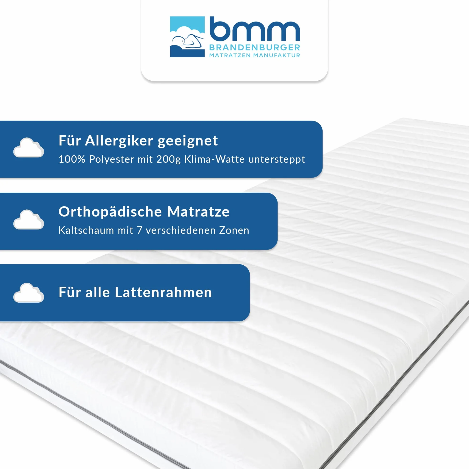 BMM Materac 90 x 200 cm, klasyczny rozmiar XXL, stopień twardości H4, bardzo twardy, z certyfikatem Öko-Tex, ergonomiczny, 7-strefowy materac, wysokość 12 cm, wyprodukowany w Niemczech