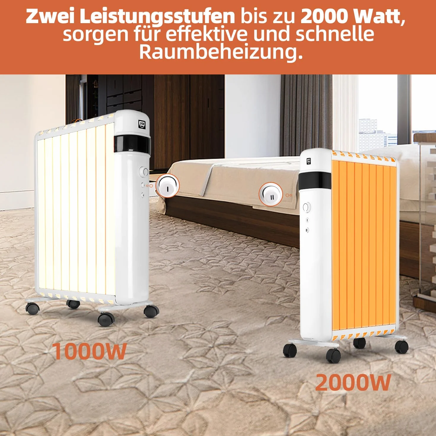 SHX SHX30ROF2000 bezolejowy grzejnik 2000 W, grzejnik elektryczny z 2 stopniami ogrzewania, tryb oszczędzania energii, termostat, automatyczne wyłączanie, zabezpieczenie przed przewróceniem, błyszczący biały
