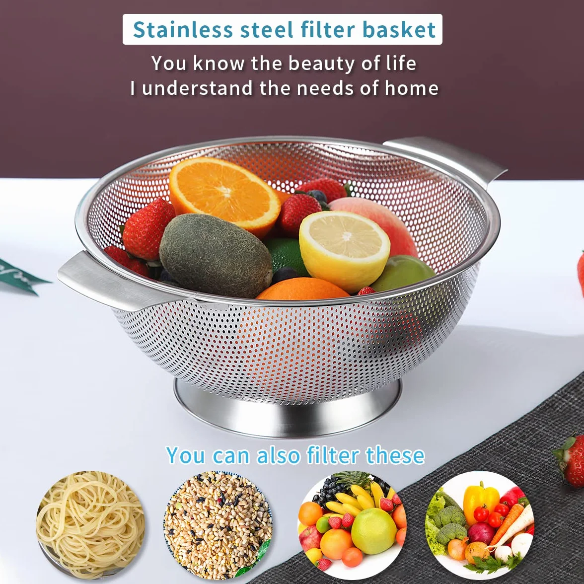 Kyraton Colander ze stali nierdzewnej 5 Quart, profesjonalne sito z ciężkimi uchwytami i samosuszającą solidną podstawą pierścieniową do makaronów, spaghetti, jagody, warzyw, owoców, makaronów, sałatek