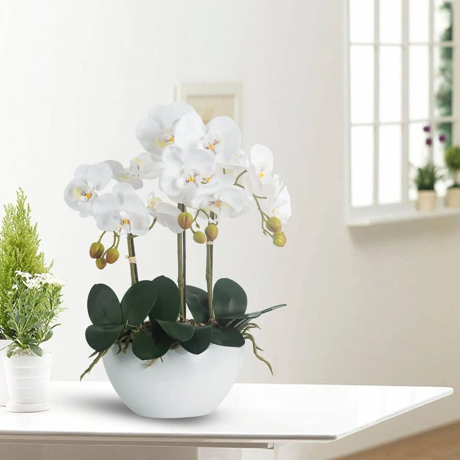 Ziwon Sztuczne kwiaty orchidei doniczkowe w ceramicznej doniczce, białe sztuczne storczyki Phalaenopsis na centralny element stołu, realistyczny sztuczny kwiat w wazonie do domu, biura, dekoracja