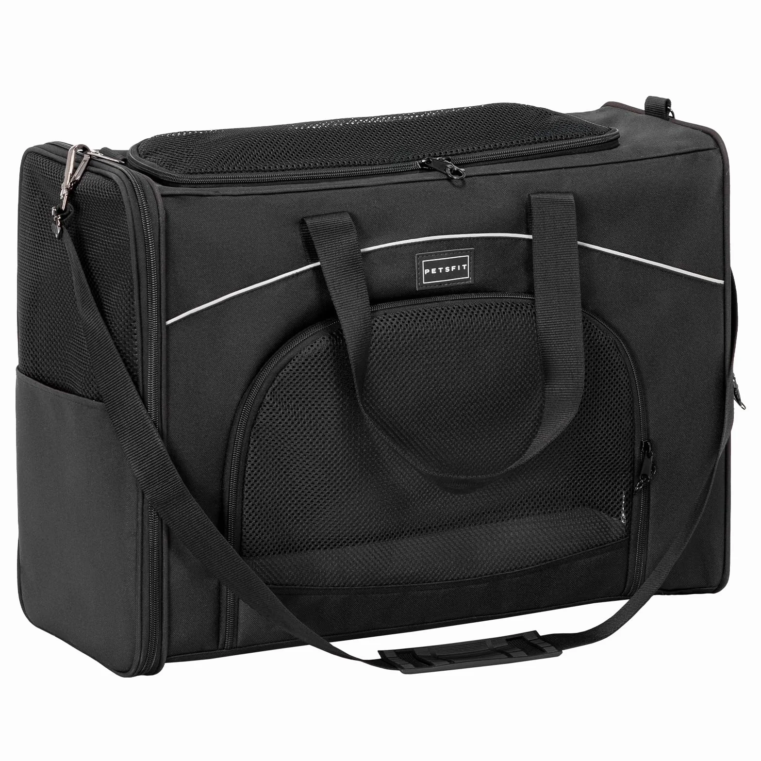 Petsfit Torba dla psa, samolot, 55 x 40 x 23 cm, torba transportowa dla psa, kota, bezpieczny transport w samochodzie, samolocie i pociągu, z 2 metodami umieszczenia, L/czarna