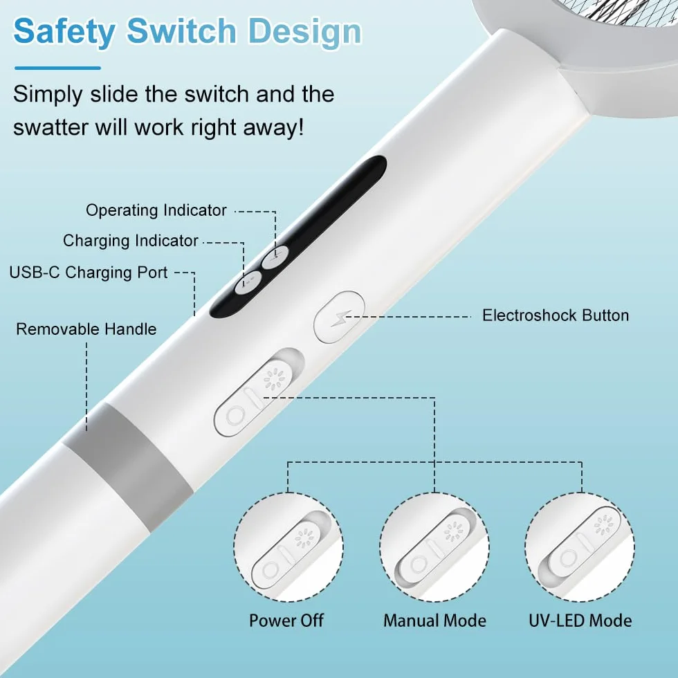 DANGZW Elektryczna łapka na muchy: 4800 V elektryczna łapka na muchy UV z podstawą ładującą – 1800 mAh USB C ładowana elektryczna łapka na muchy – przenośna, elektryczna łapka na komary do wewnątrz i