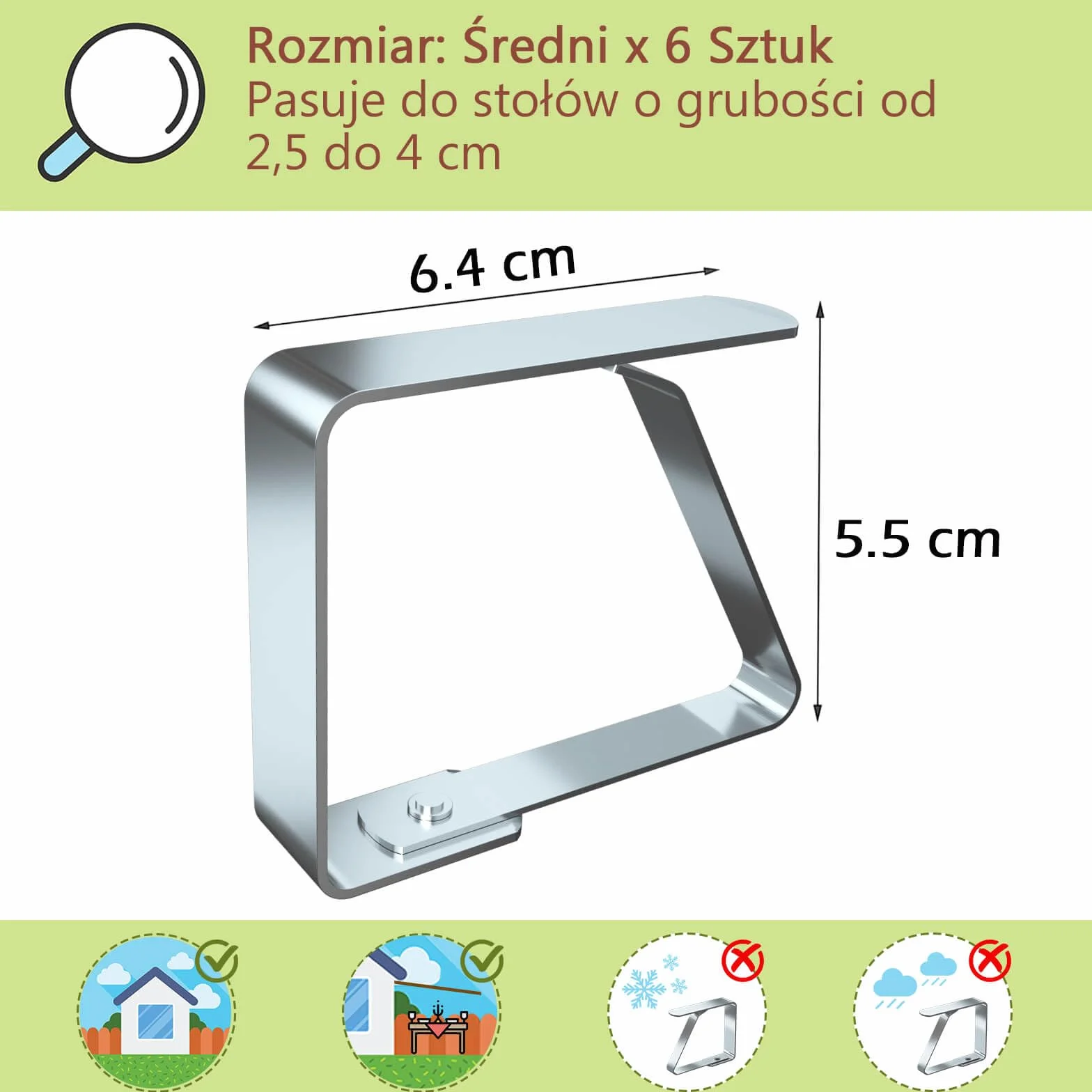 Blooven klipsy do obrusów, zaciski na stół ze stali nierdzewnej, uchwyty na obrusy (średni x 6 szt, do stołów 2,5-4 cm)