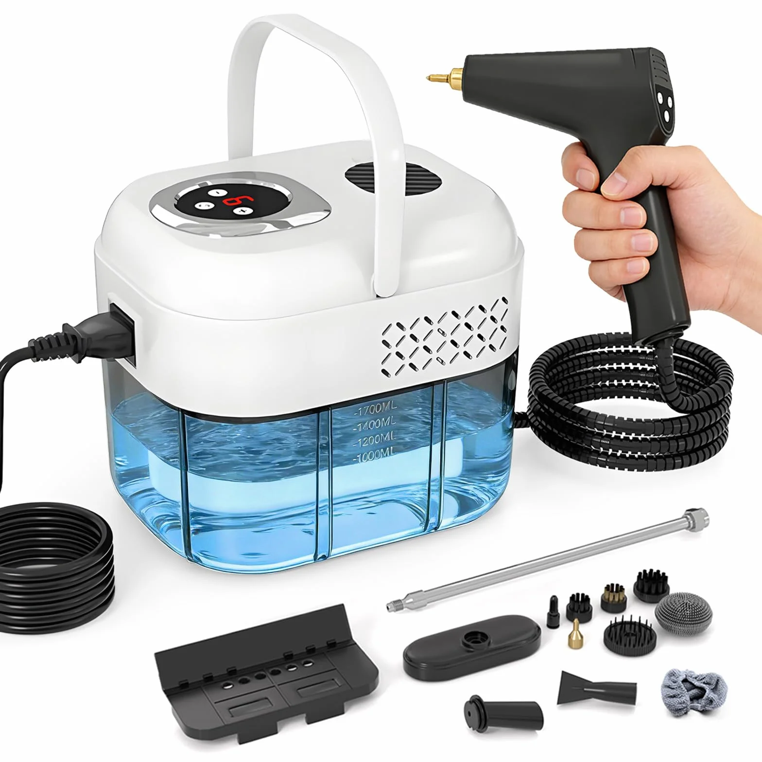 Myjka parowa, 6-stopniowa regulacja uchwytu, czas nagrzewania 15 sekund, zbiornik na wodę 1,7 l, 2500 W, urządzenie ręczne z 16 akcesoriami, do czyszczenia podłóg, kuchni, okien, łazienki, samochodów