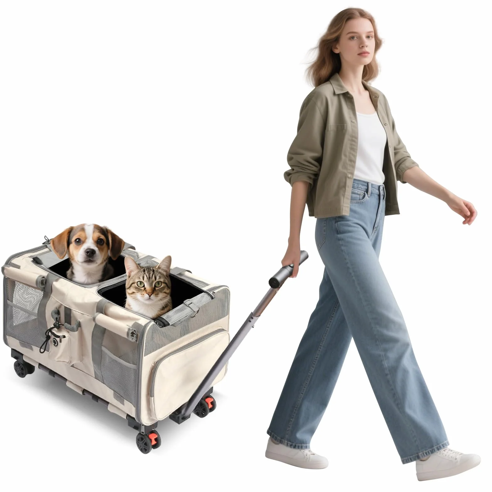 PETCUTE Podwójna komora dla kota/psa z odpinanymi kółkami, składana torba transportowa dla 2 kotów/małych psów/królików, oddychający transporter dla zwierząt z bezpieczną smyczą, beżowy