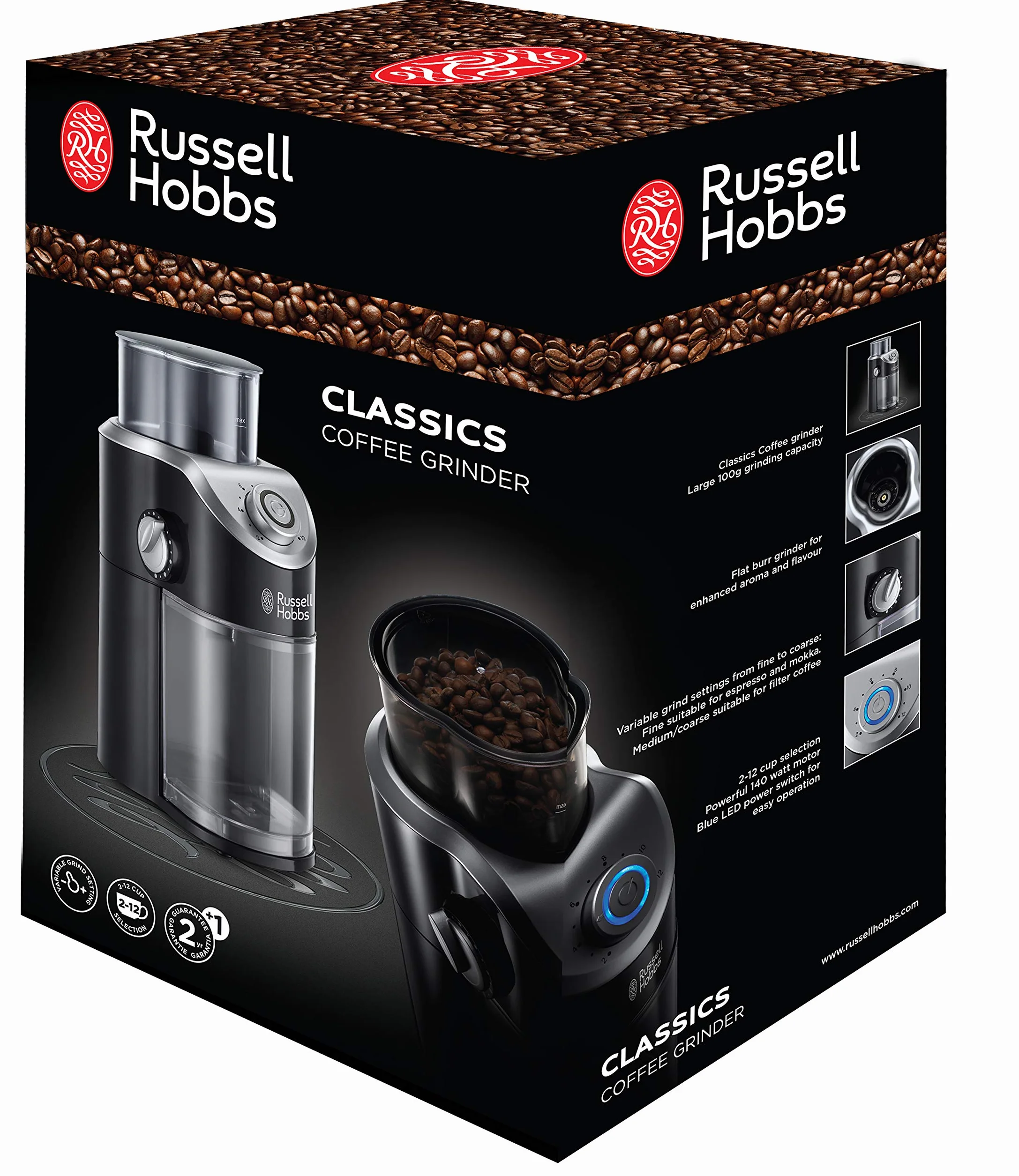 Russell Hobbs młynek do kawy, regulowana grubość mielenia, pojemnik na zmieloną kawę, łatwy do czyszczenia, jeden przycisk, młynek do przypraw, młynek do orzechów, moc 140W, czarny, Classics 23120-56