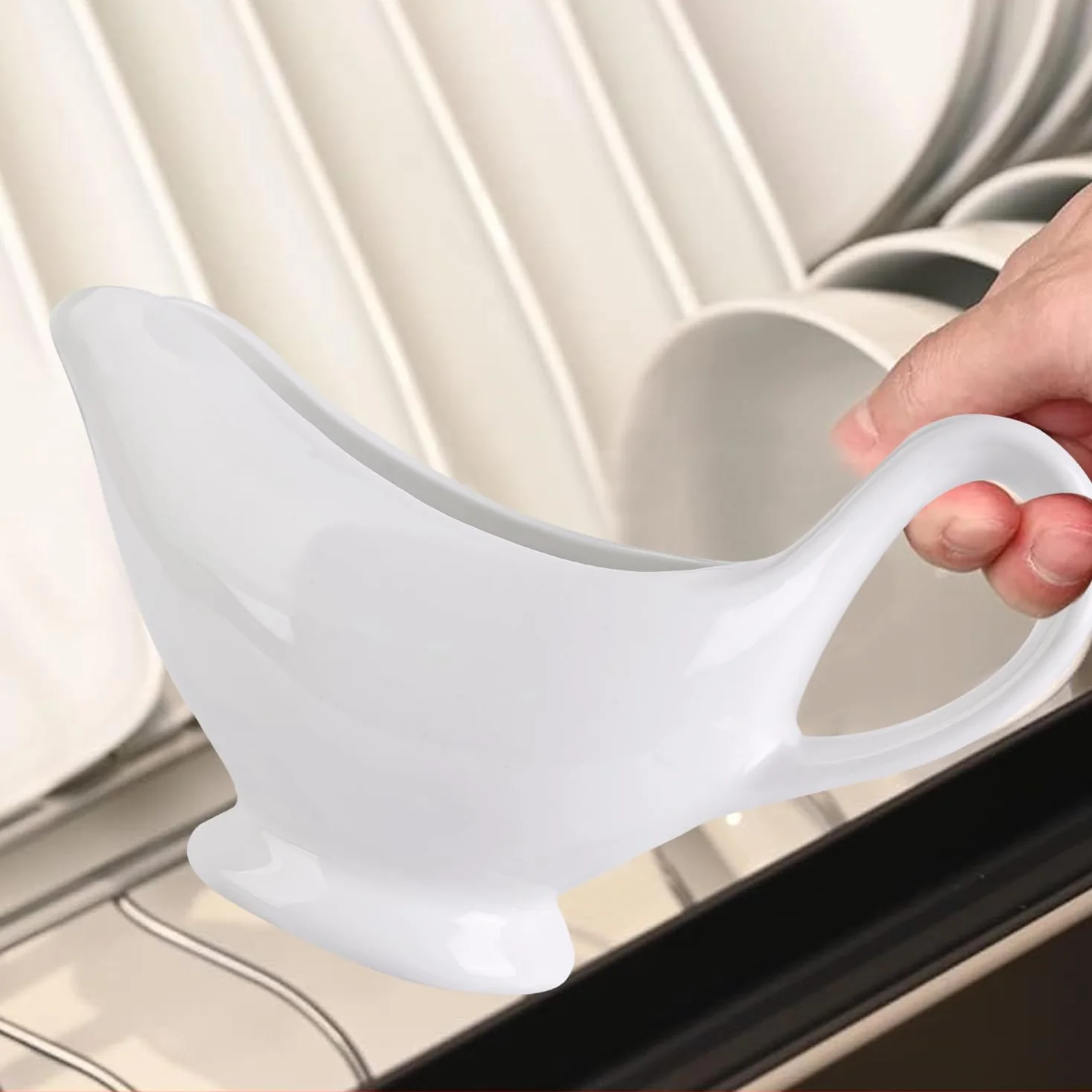 Porcelana sosjerka 300 ml, pojemnik na sosy z uchwytem, pojemnik na sosy, biały, sosjerka z dzióbkiem do ust, miska do serwowania, nadaje się do sosów, dressingów sałatkowych, bulionu mlecznego, soku