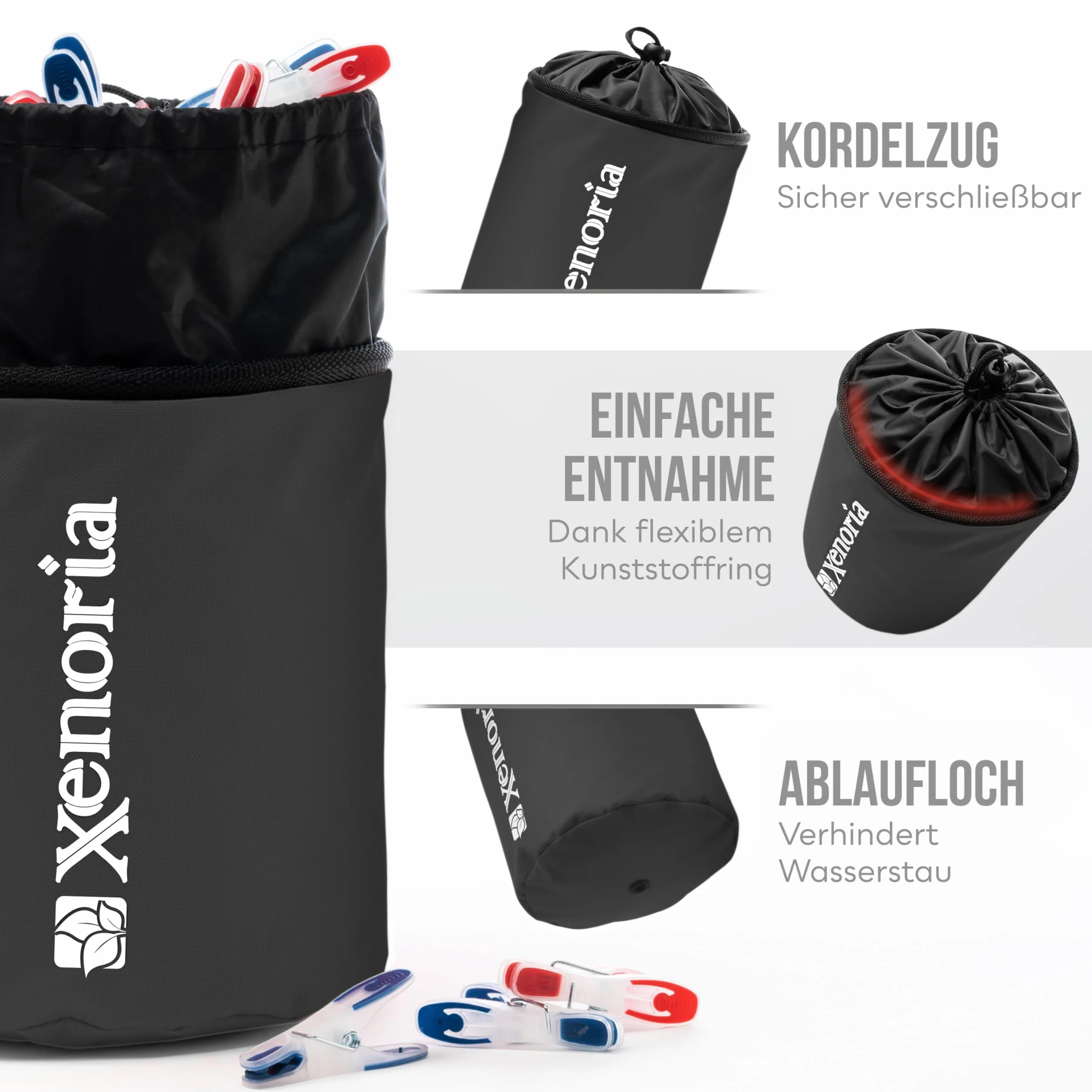 Xenoria Woreczek premium na 250 spinaczy do prania, z haczykiem do zawieszenia, z wytrzymałego materiału, nadaje się do użytku wewnątrz i na zewnątrz (ciemnoszary)