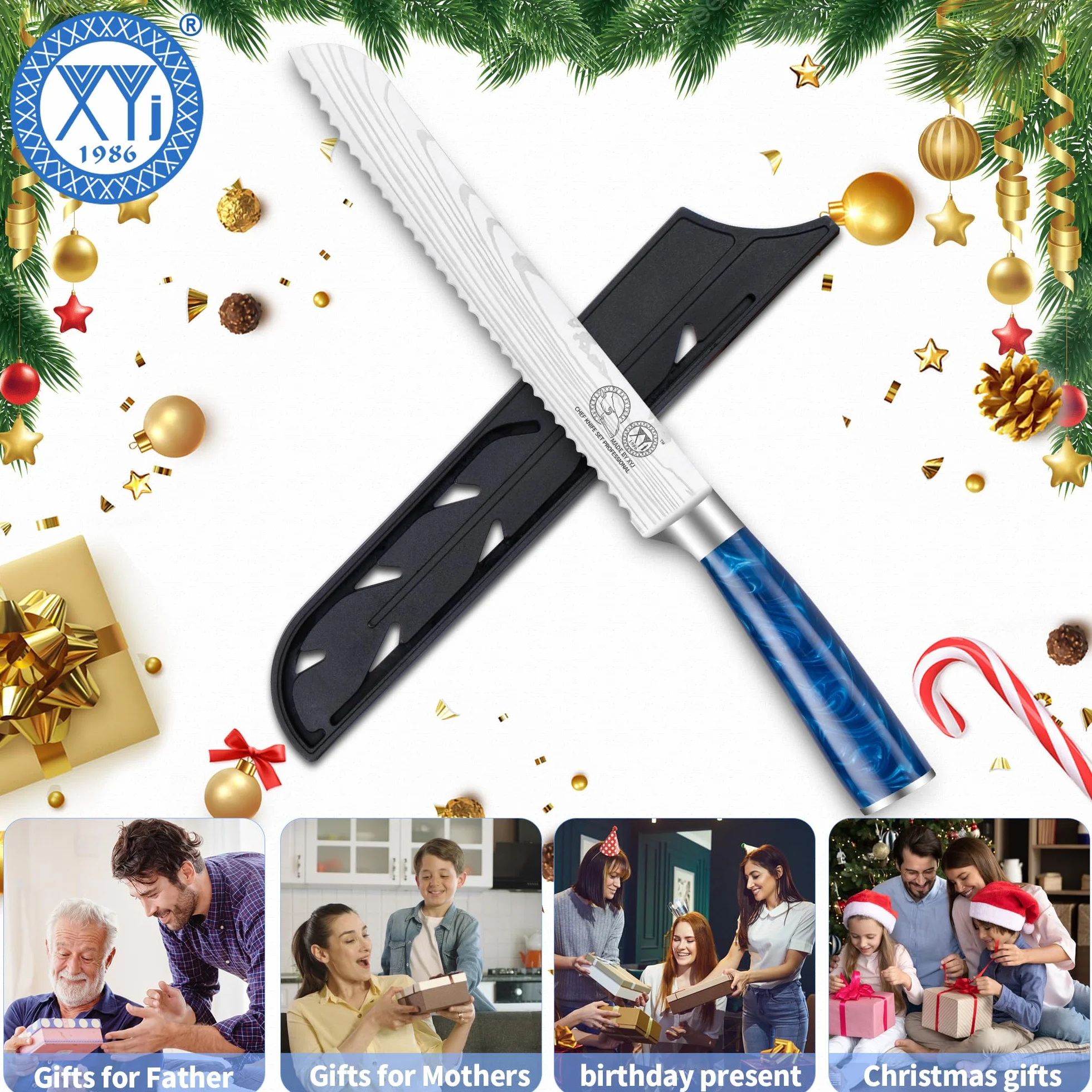 XYJ Bread Knife 8 Inch,Stainless Steel,Serrated Blade Knife,Laser Damascus Pattern Serrated Bread Knife With Sheath Case,Resin Handle for Women Men
