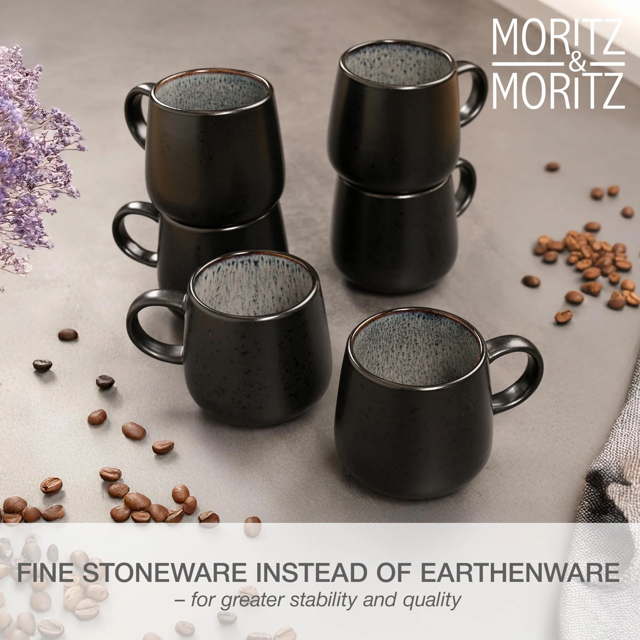 Moritz & Moritz SOLID zestaw 6 filiżanek czarno-szarych – zestaw kubków do kawy z wytrzymałej kamionki – pojemność 400 ml – nadają się do mycia w zmywarce i używania w kuchence mikrofalowej – idealne