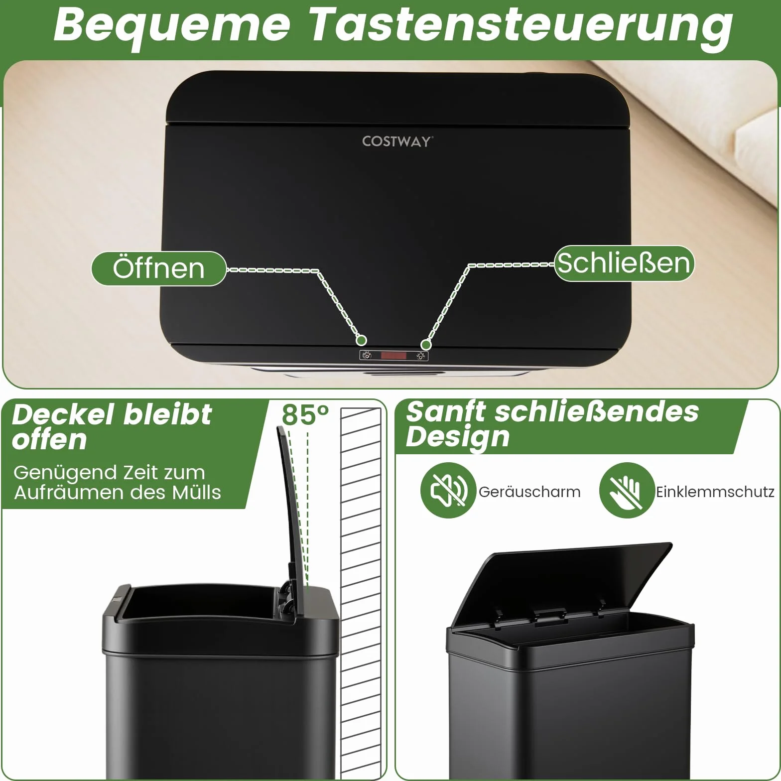 COSTWAY Kosz na śmieci z 3 przegródkami, system segregacji śmieci 56 l, w zestawie 2 wyjmowane pojemniki na odpady, 2 x 10 l + 36 l, elektryczny kosz na śmieci z czujnikiem i pokrywą Softclose, do