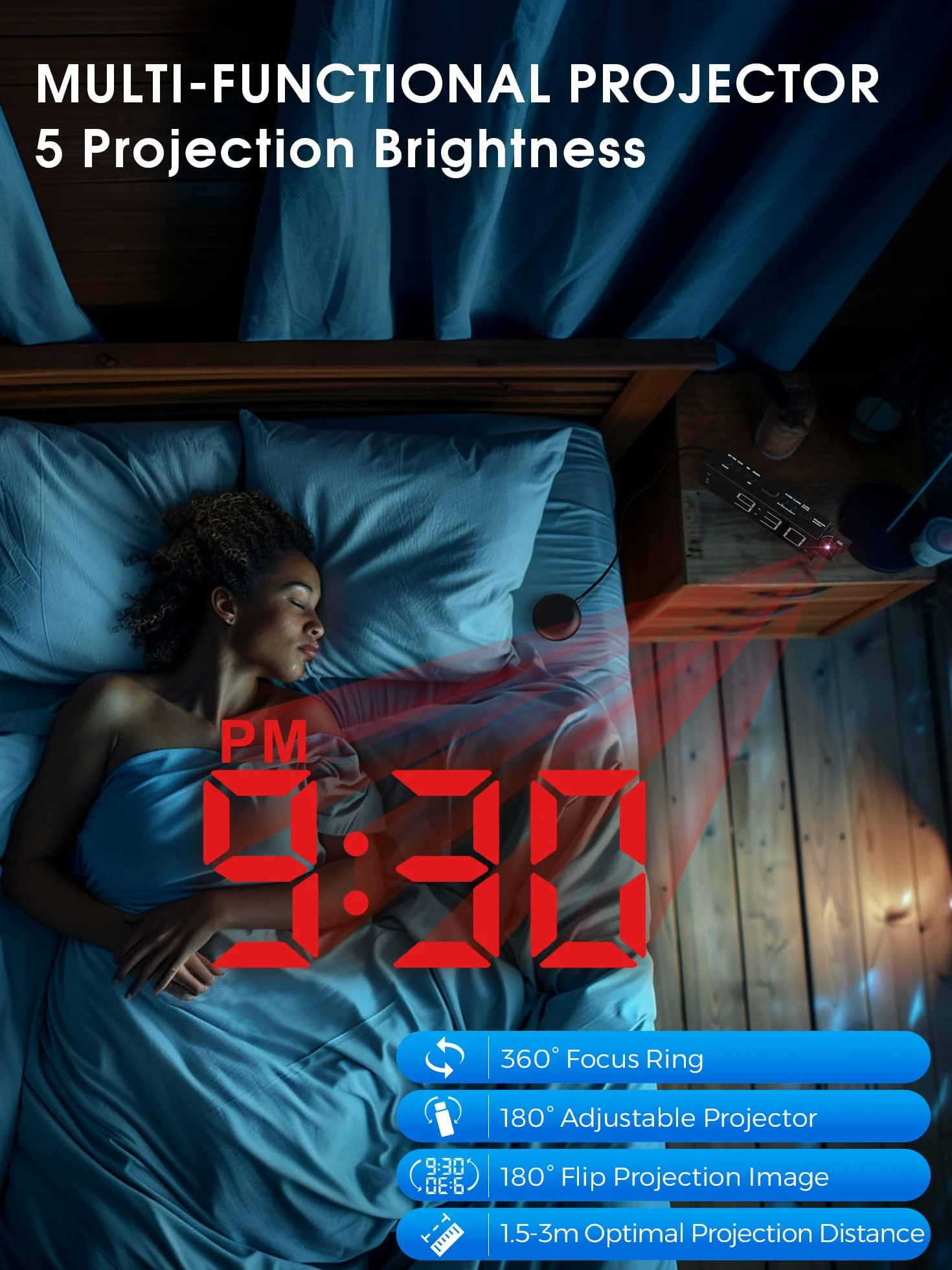 Cyfrowy budzik z projekcją, budzik z em, 180°, głośny budzik wibracyjny dla osób niedosłyszących i niesłyszących, budzik z możliwością przyciemniania jasności i dźwięku, bateria zapasowa, USB