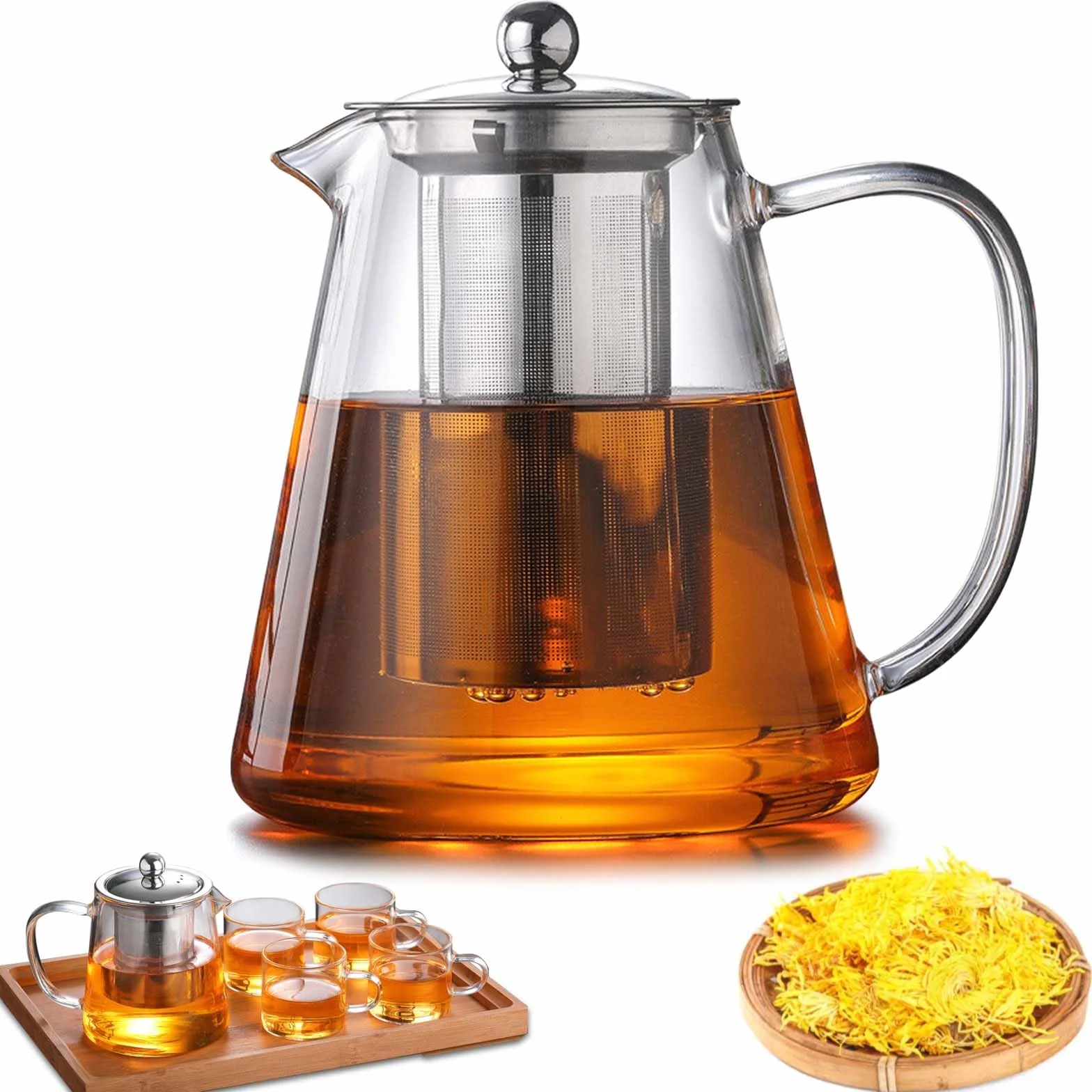 Dzbanek do herbaty z sitkiem i pokrywką, 1300 ml, szklany dzbanek do herbaty ze szkła borokrzemowego, ze zdejmowanym sitkiem, wytrzymały dzbanek do herbaty, odporny na wysoką temperaturę, do herbaty