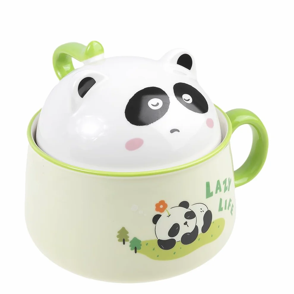 lachineuse - Azjatycka miska Ramen - Porcelana - Wzór Panda - 1020 ML - Z pokrywką i sztućcami - Miska śniadaniowa, Zupa, Ryż, Makaron Instant - Pomysł na prezent Azja Japonia Chiny - Zielony