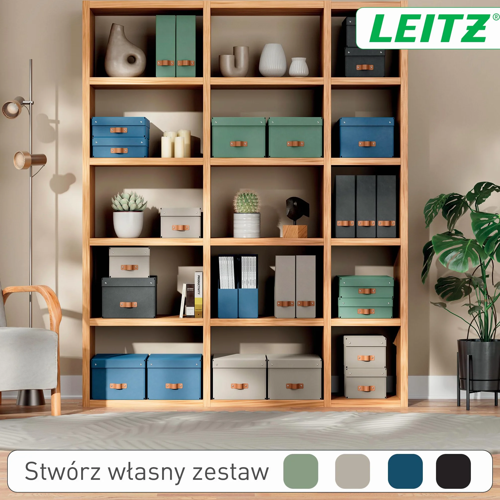 Organizer na Dokumenty Leitz Puro – Zestaw 2x Stojak na Gazety A4, Kompatybilnych z Regałami Modułowymi i Półkami, Pomieści 900 Arkuszy (80 g/m²), 10 x 26 x 31 cm, Czarny