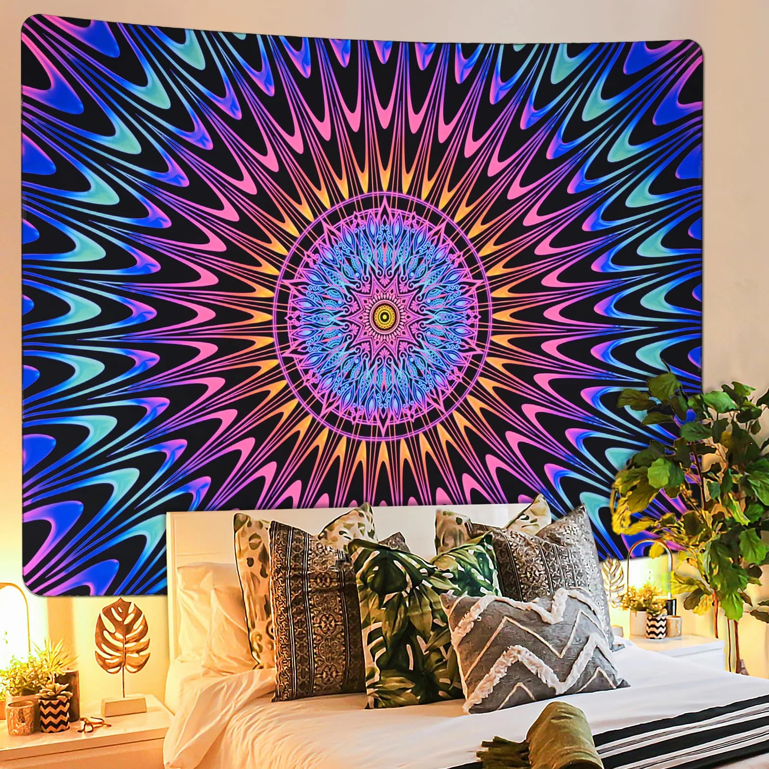 Alishomtll Czarno-kolorowy, dywan ścienny w stylu boho, mandala, reaktywna na promieniowanie UV, psychodeliczny hipisowski dywan ścienny, dekoracja domu, do sypialni, na imprezę, 210 x 150 cm